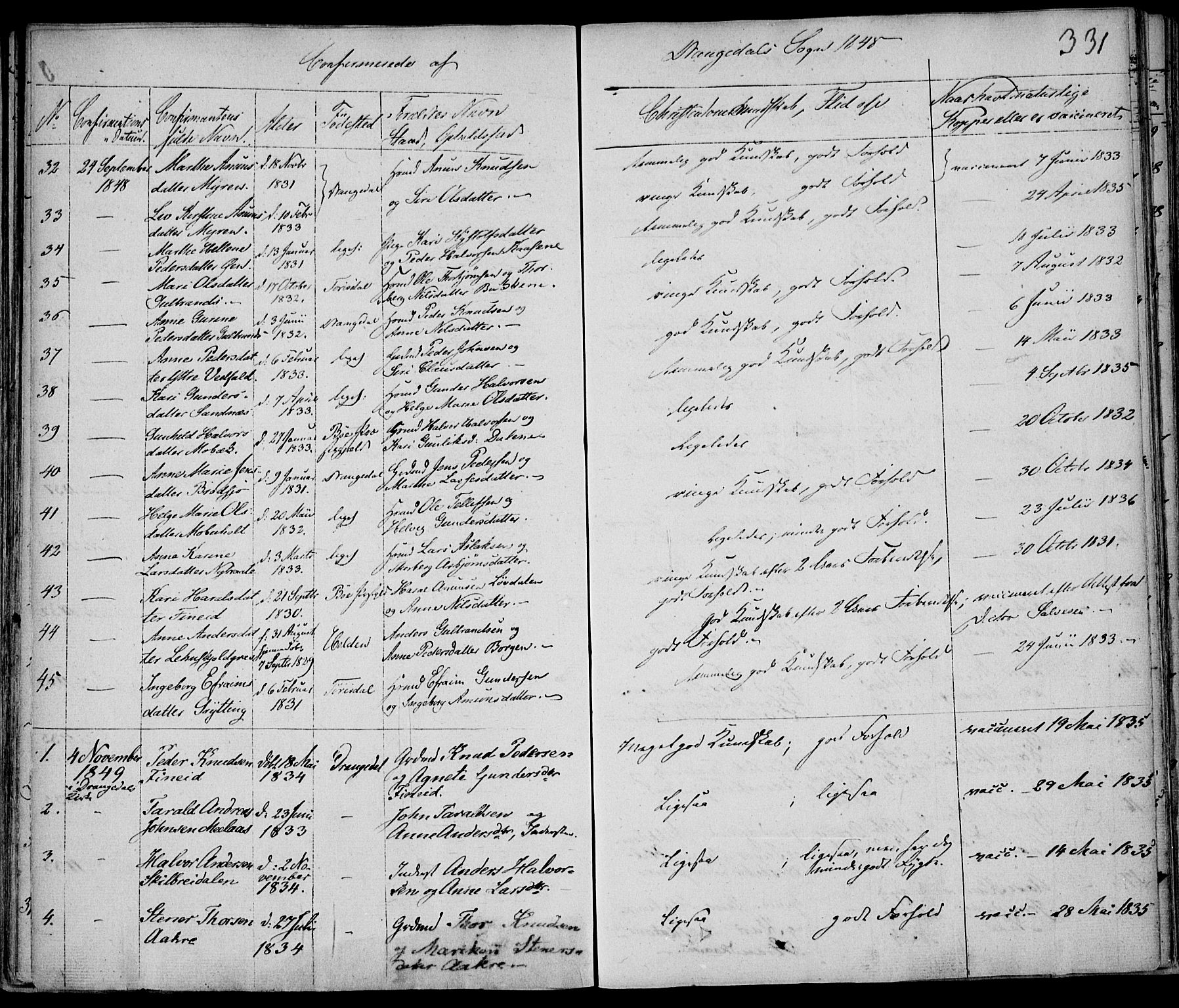 Drangedal kirkebøker, AV/SAKO-A-258/F/Fa/L0007a: Parish register (official) no. 7a, 1837-1856, p. 331
