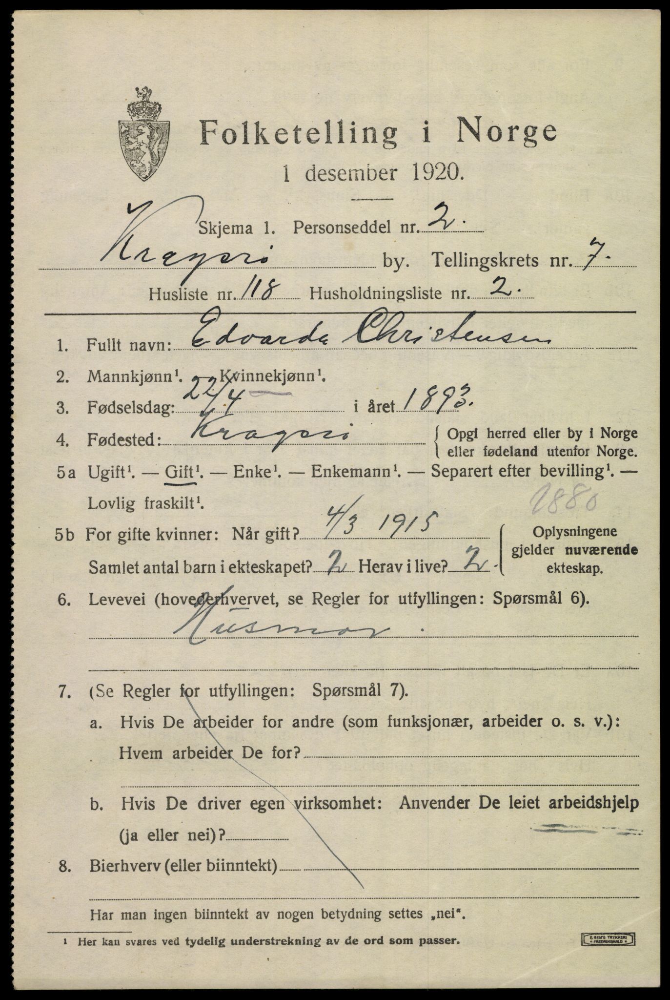 SAKO, 1920 census for Kragerø, 1920, p. 11051