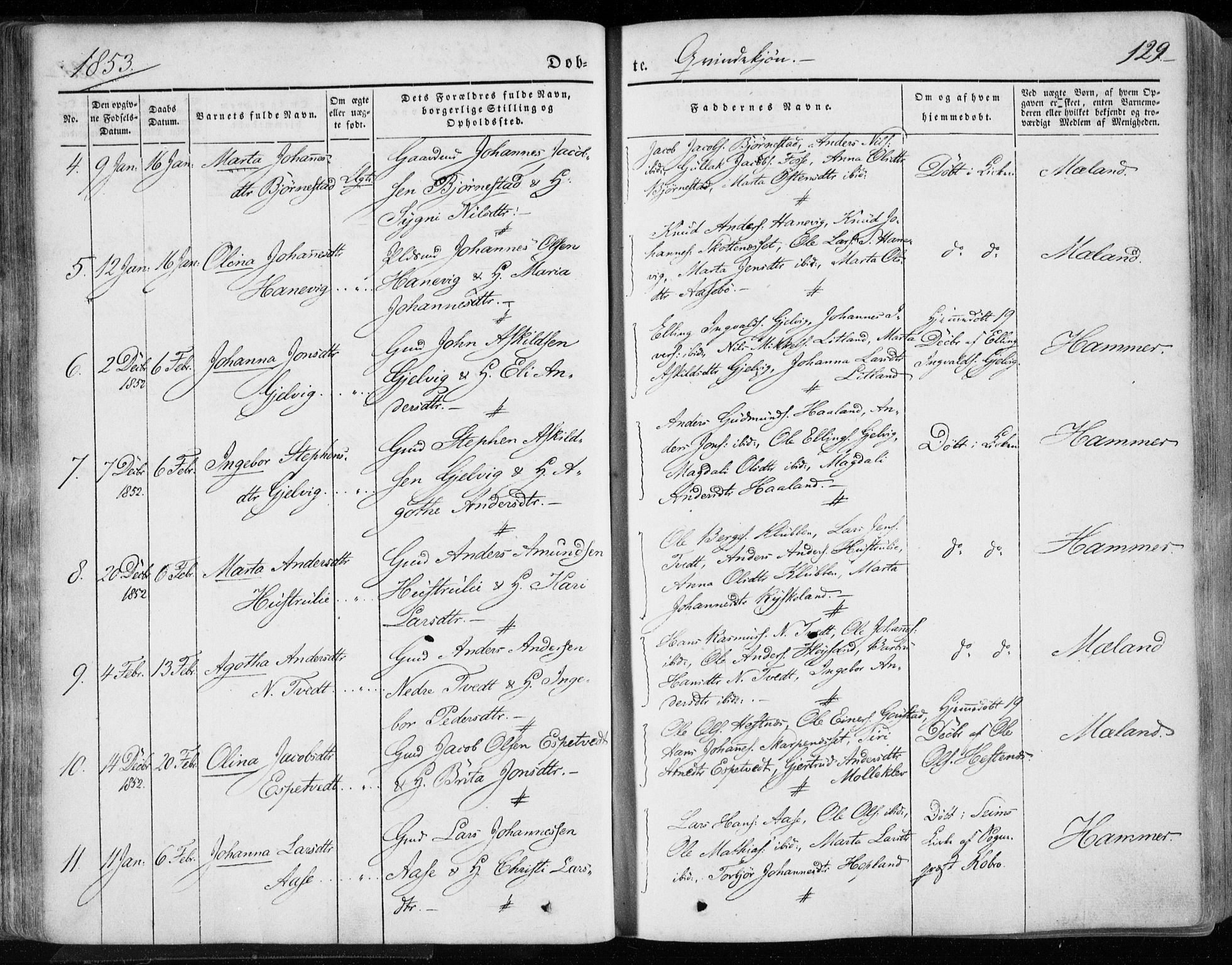 Hamre sokneprestembete, AV/SAB-A-75501/H/Ha/Haa/Haaa/L0013: Parish register (official) no. A 13, 1846-1857, p. 129