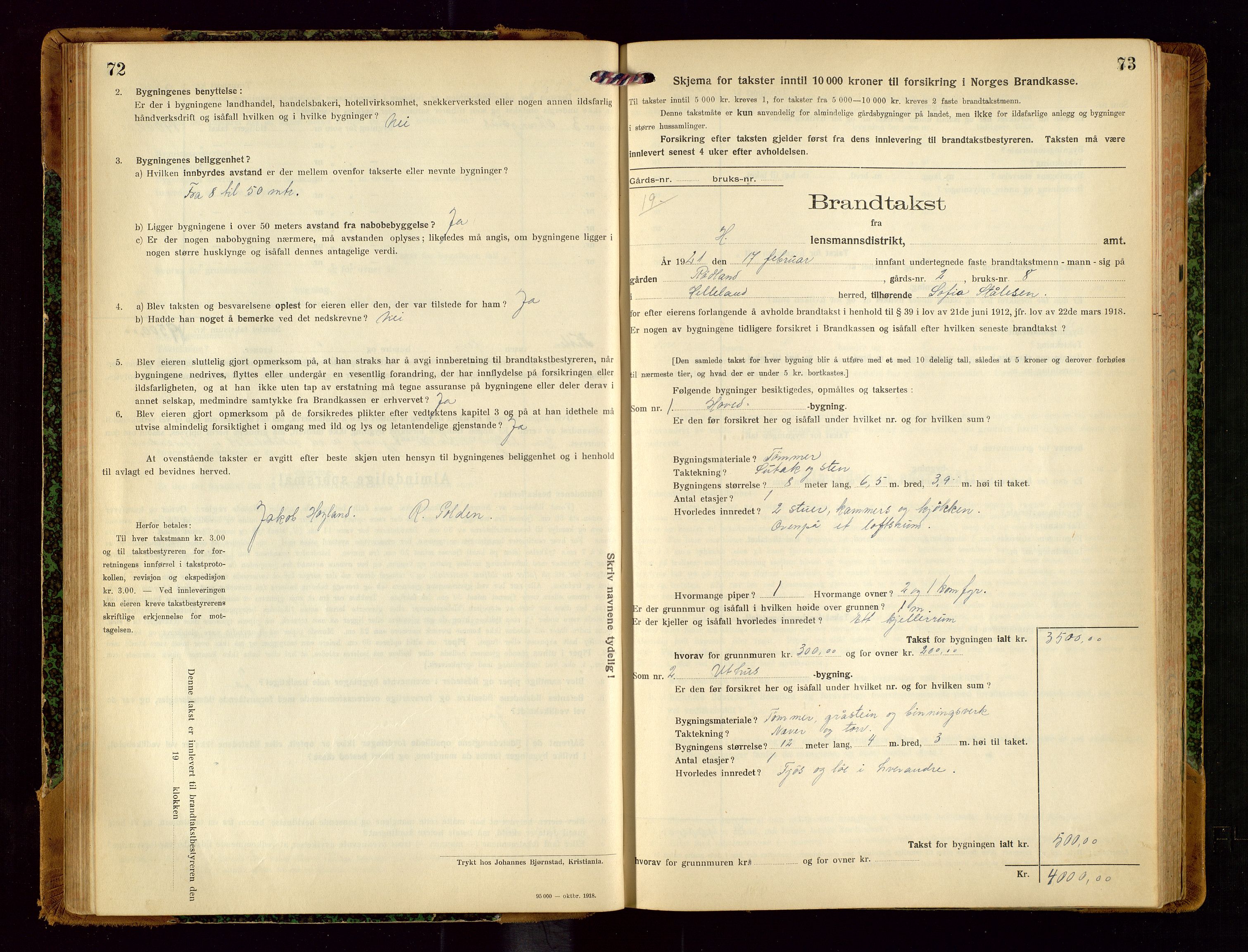 Helleland lensmannskontor, AV/SAST-A-100209/Gob/L0002: "Brandtakstprotokoll", 1921-1930, p. 72-73