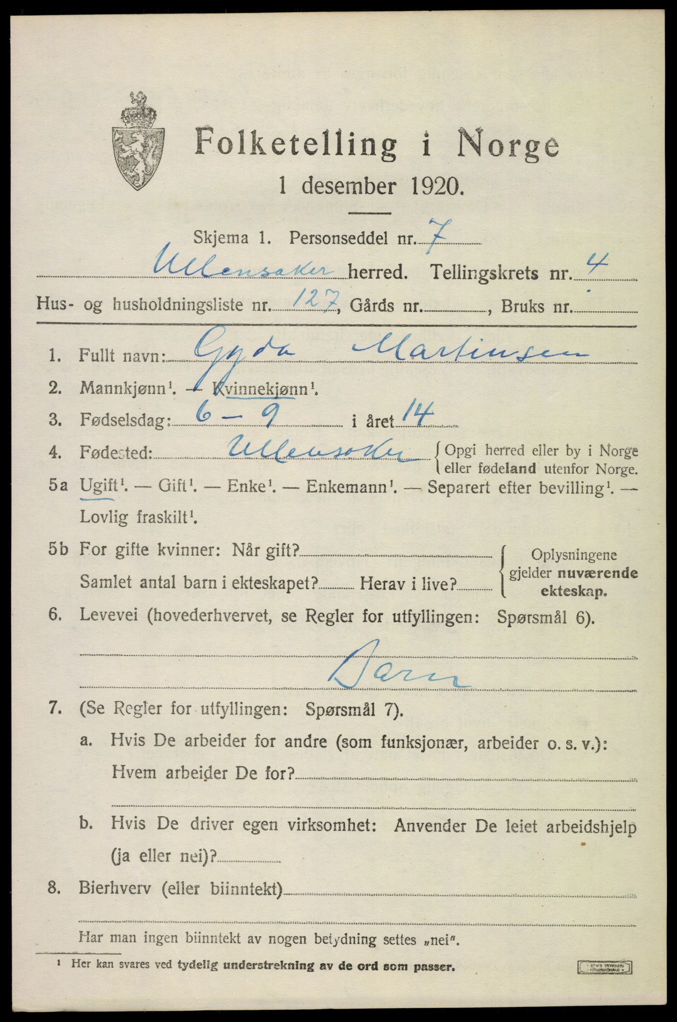 SAO, 1920 census for Ullensaker, 1920, p. 8819