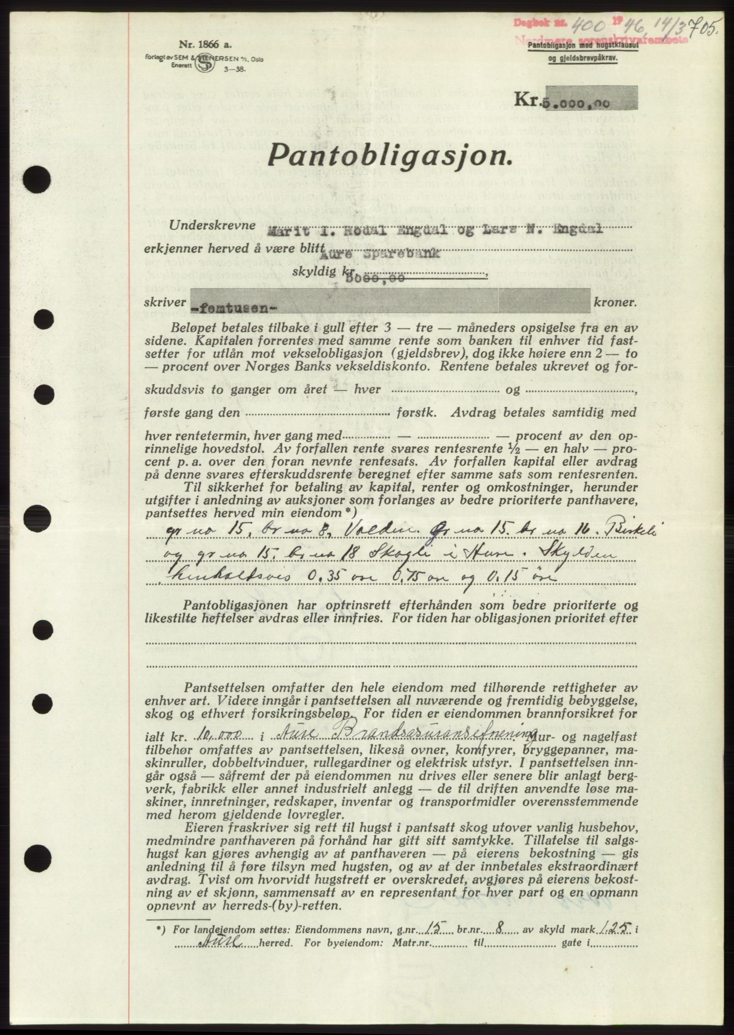 Nordmøre sorenskriveri, AV/SAT-A-4132/1/2/2Ca: Mortgage book no. B93b, 1946-1946, Diary no: : 400/1946