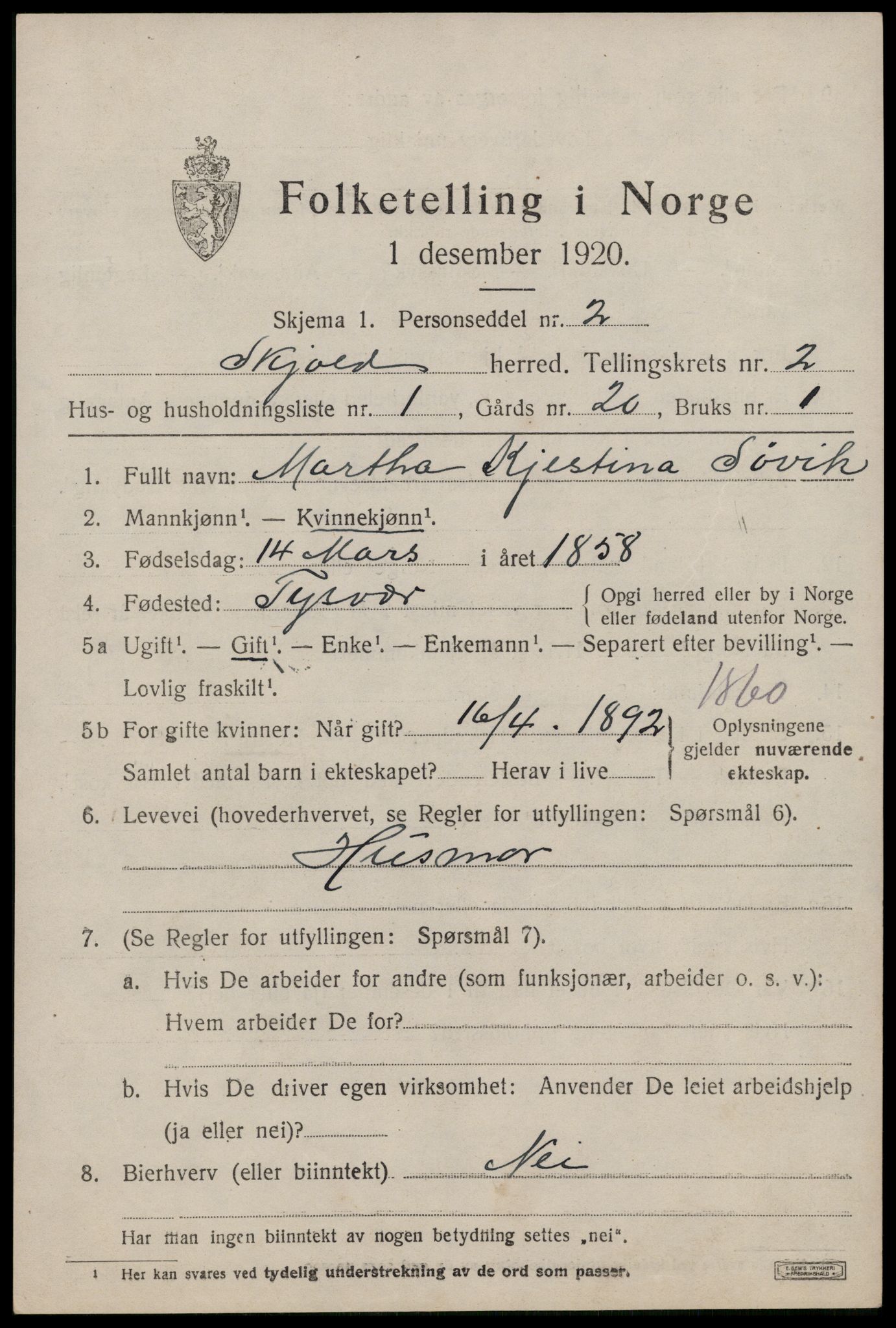 SAST, 1920 census for Skjold, 1920, p. 1690