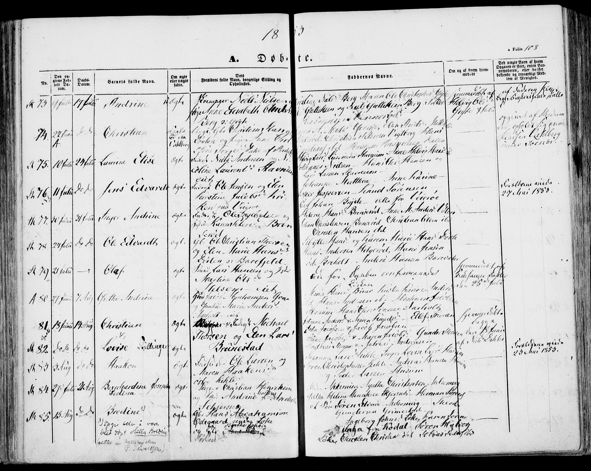 Stokke kirkebøker, AV/SAKO-A-320/F/Fa/L0007: Parish register (official) no. I 7, 1844-1857, p. 108