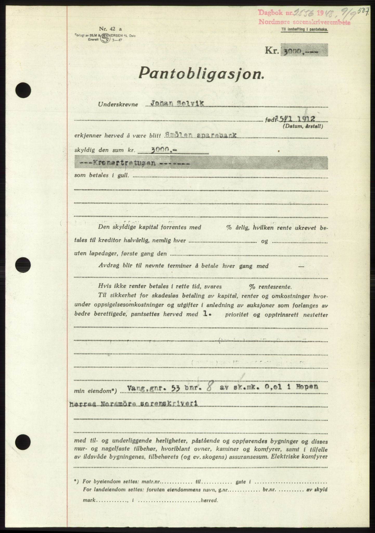 Nordmøre sorenskriveri, AV/SAT-A-4132/1/2/2Ca: Mortgage book no. B99, 1948-1948, Diary no: : 2556/1948