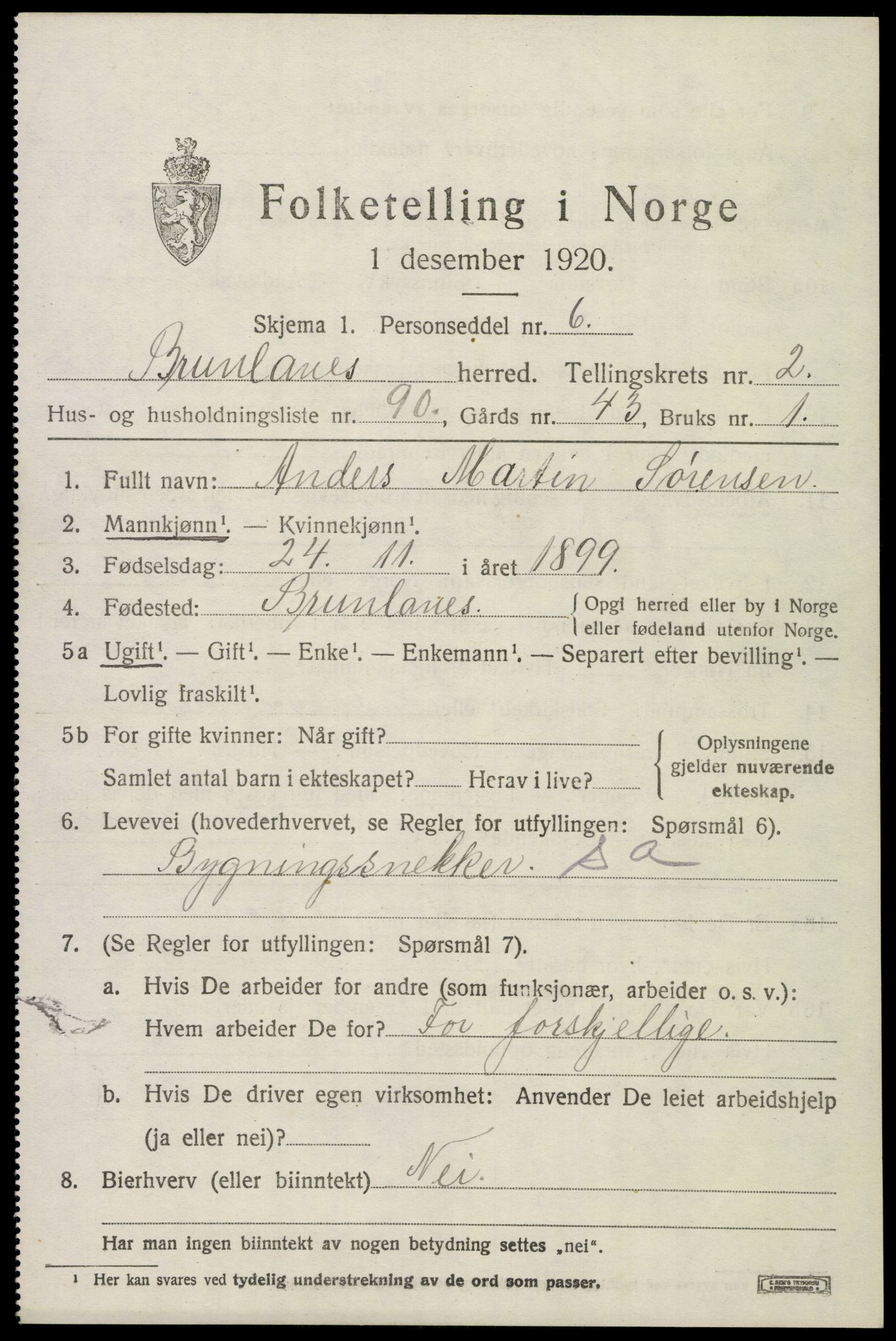 SAKO, 1920 census for Brunlanes, 1920, p. 4515