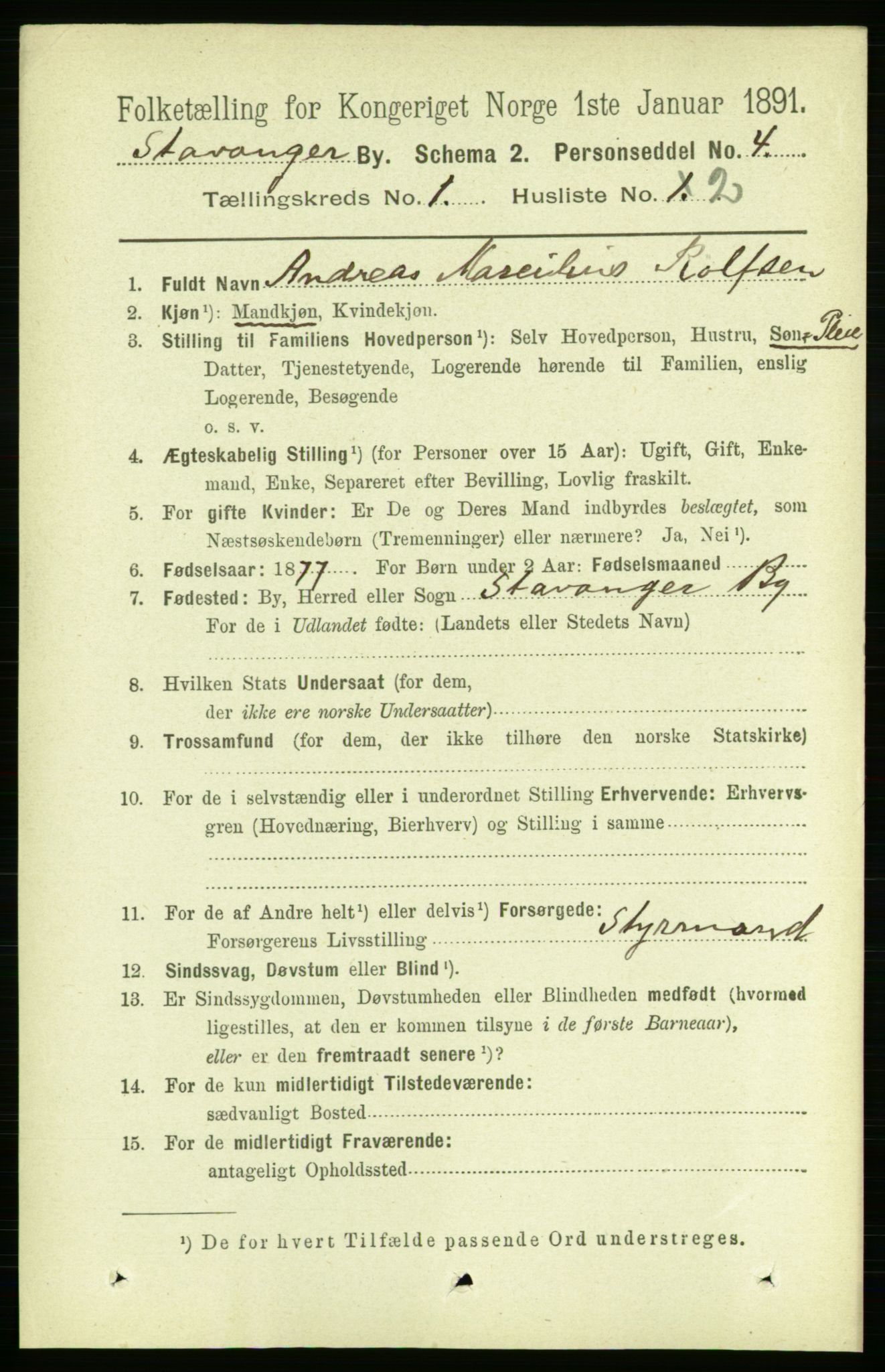 RA, 1891 census for 1103 Stavanger, 1891, p. 5141