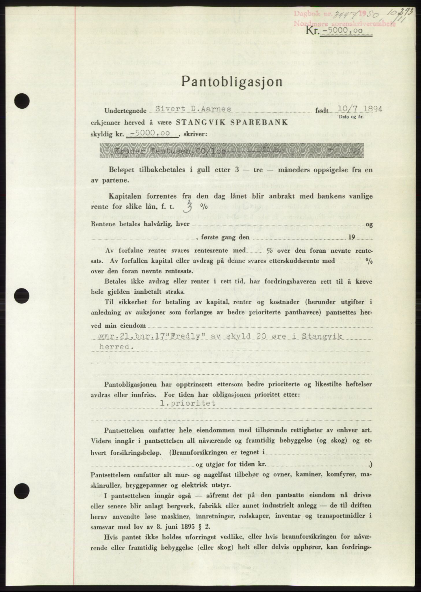 Nordmøre sorenskriveri, AV/SAT-A-4132/1/2/2Ca: Mortgage book no. B106, 1950-1950, Diary no: : 3447/1950