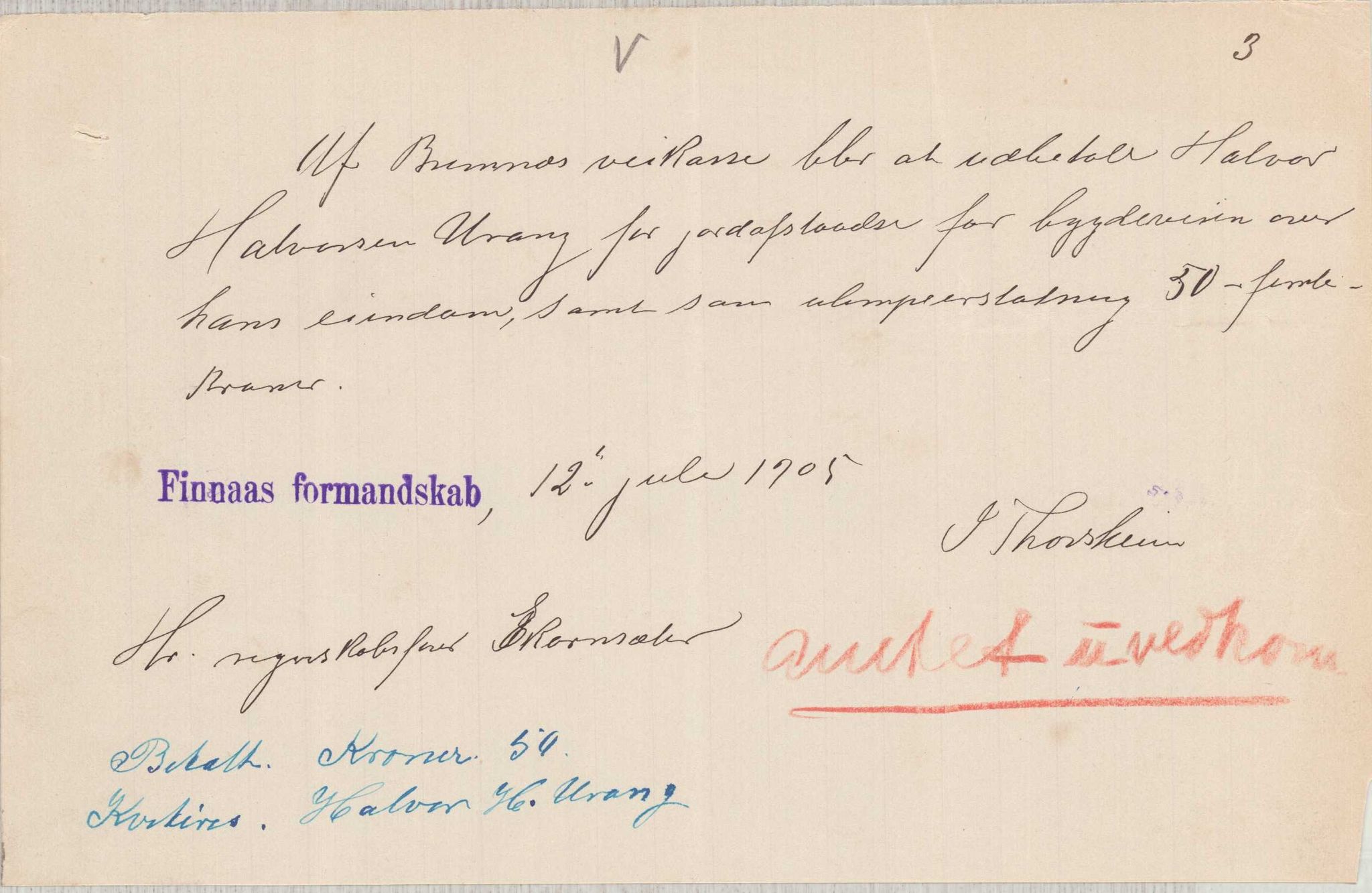 Finnaas kommune. Formannskapet, IKAH/1218a-021/E/Ea/L0002/0003: Rekneskap for veganlegg / Rekneskap for veganlegget Urangsvåg - Mælandsvåg, 1904-1905, p. 69