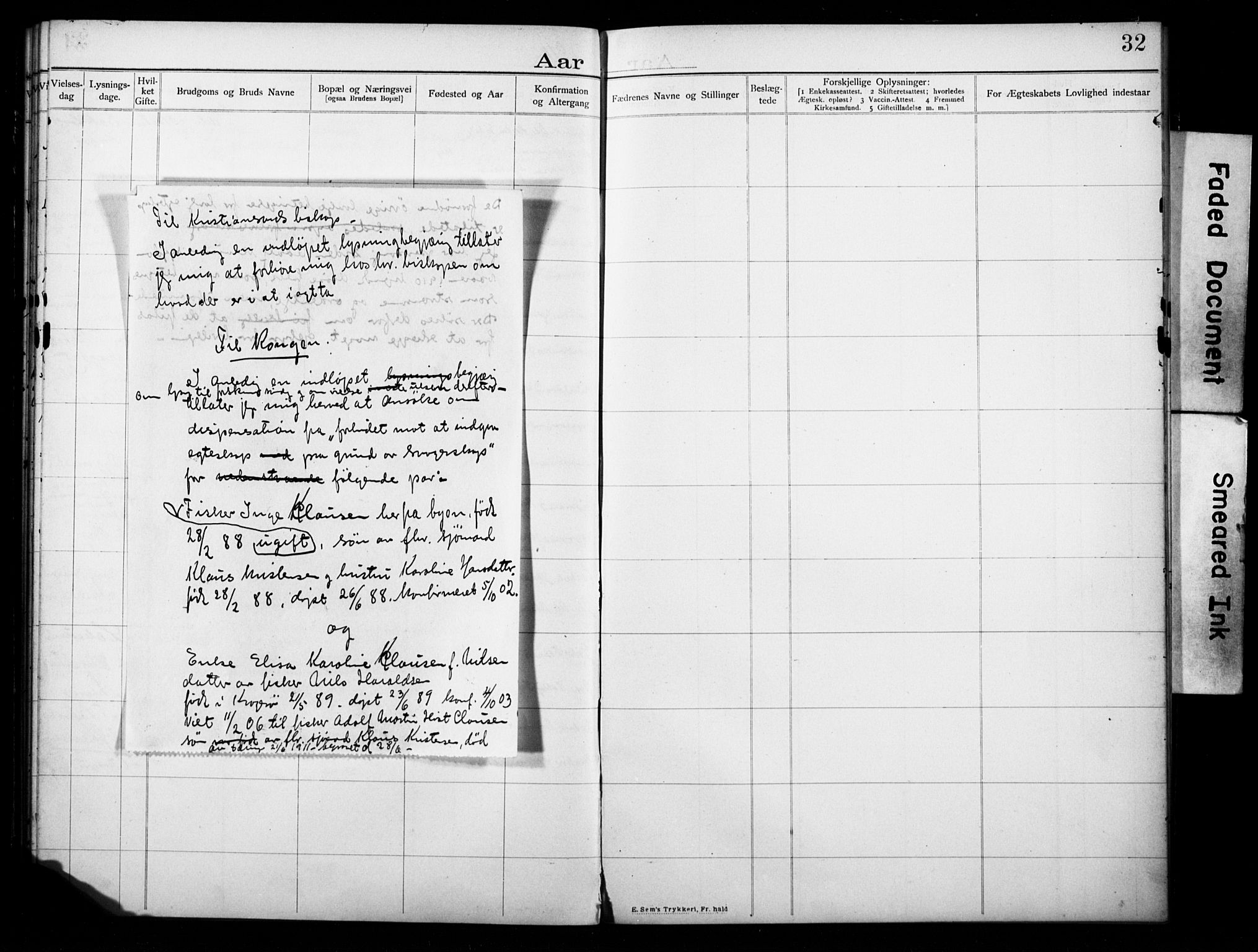 Kragerø kirkebøker, SAKO/A-278/H/Ha/L0001: Banns register no. I 1, 1905-1918, p. 32