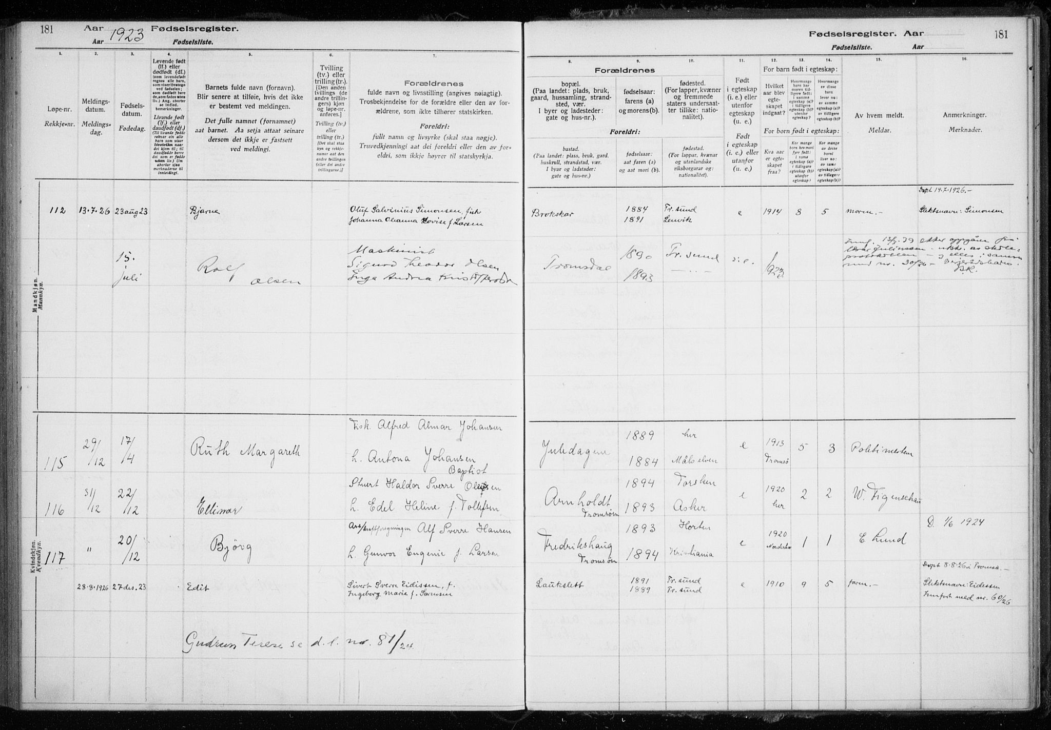 Tromsøysund sokneprestkontor, AV/SATØ-S-1304/H/Ha/L0079: Birth register no. 79, 1916-1924, p. 181