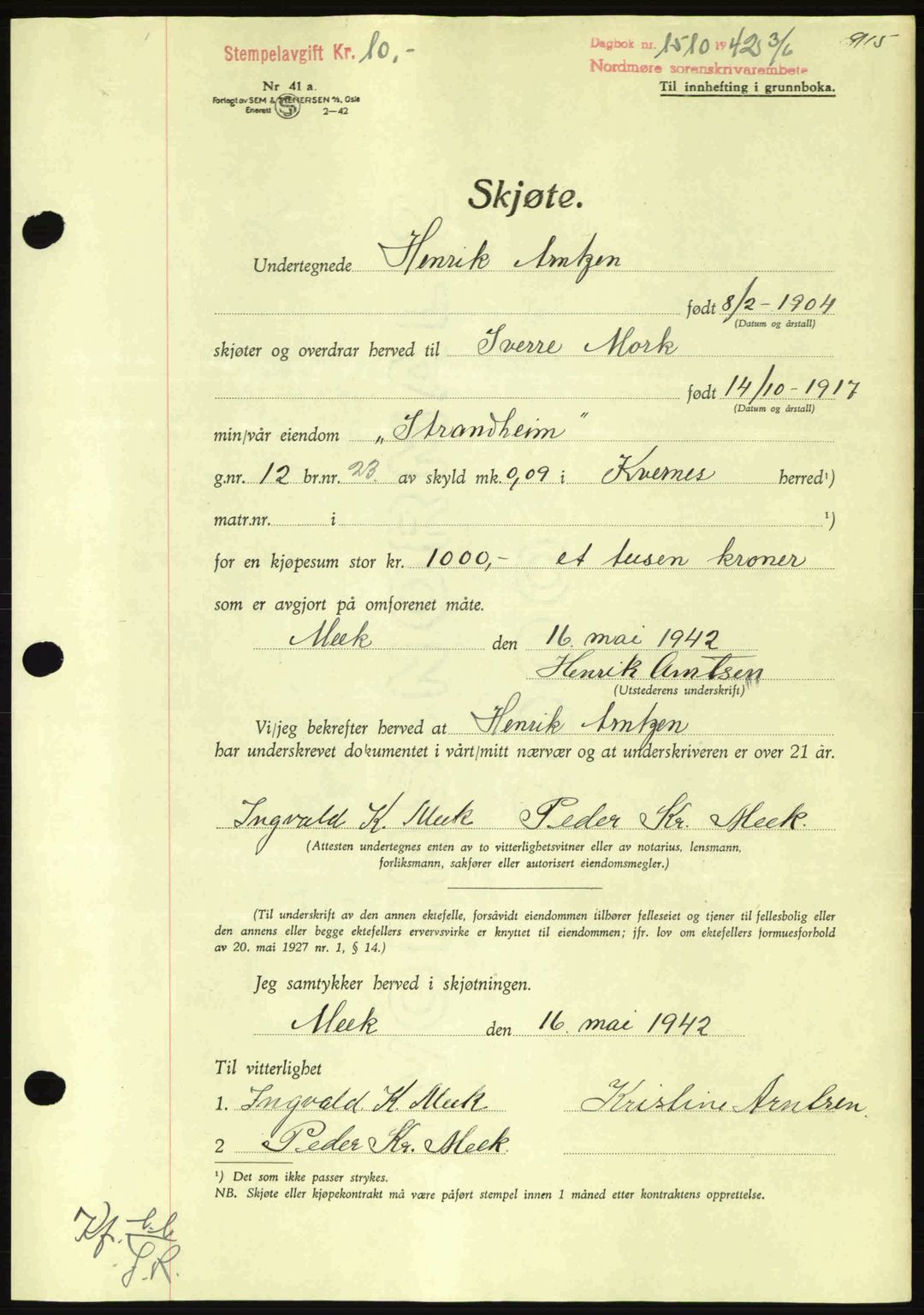 Nordmøre sorenskriveri, AV/SAT-A-4132/1/2/2Ca: Mortgage book no. A92, 1942-1942, Diary no: : 1510/1942