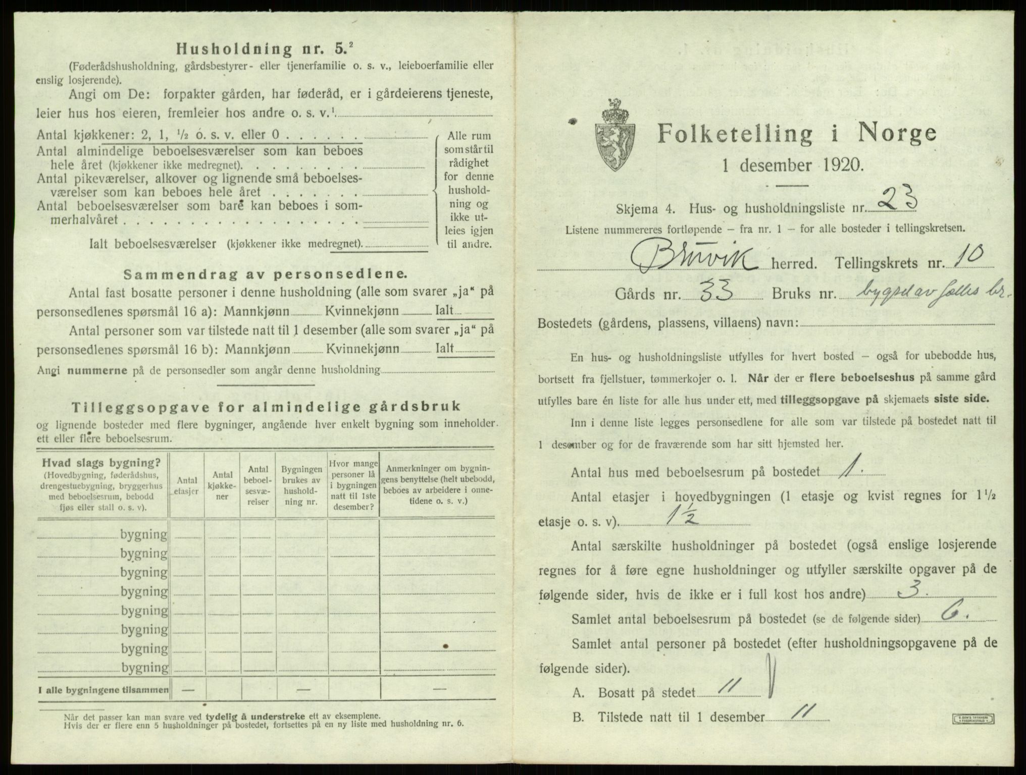 SAB, 1920 census for Bruvik, 1920, p. 804