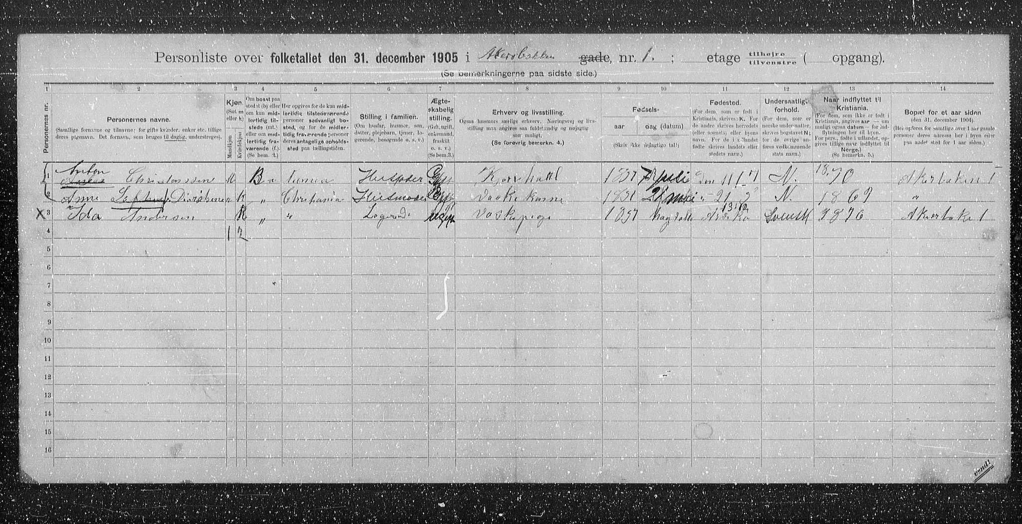 OBA, Municipal Census 1905 for Kristiania, 1905, p. 16