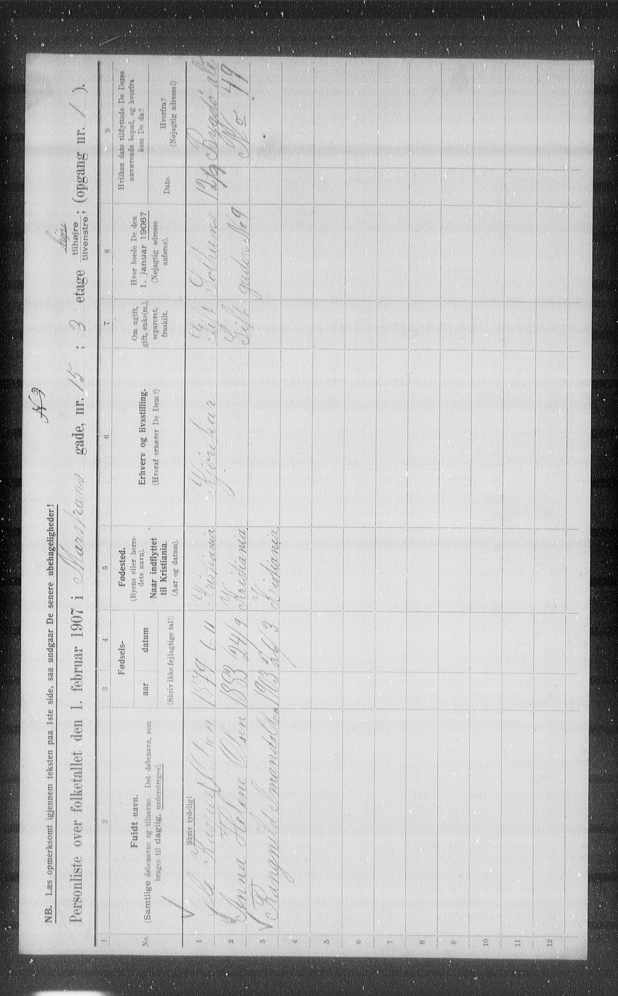 OBA, Municipal Census 1907 for Kristiania, 1907, p. 33064