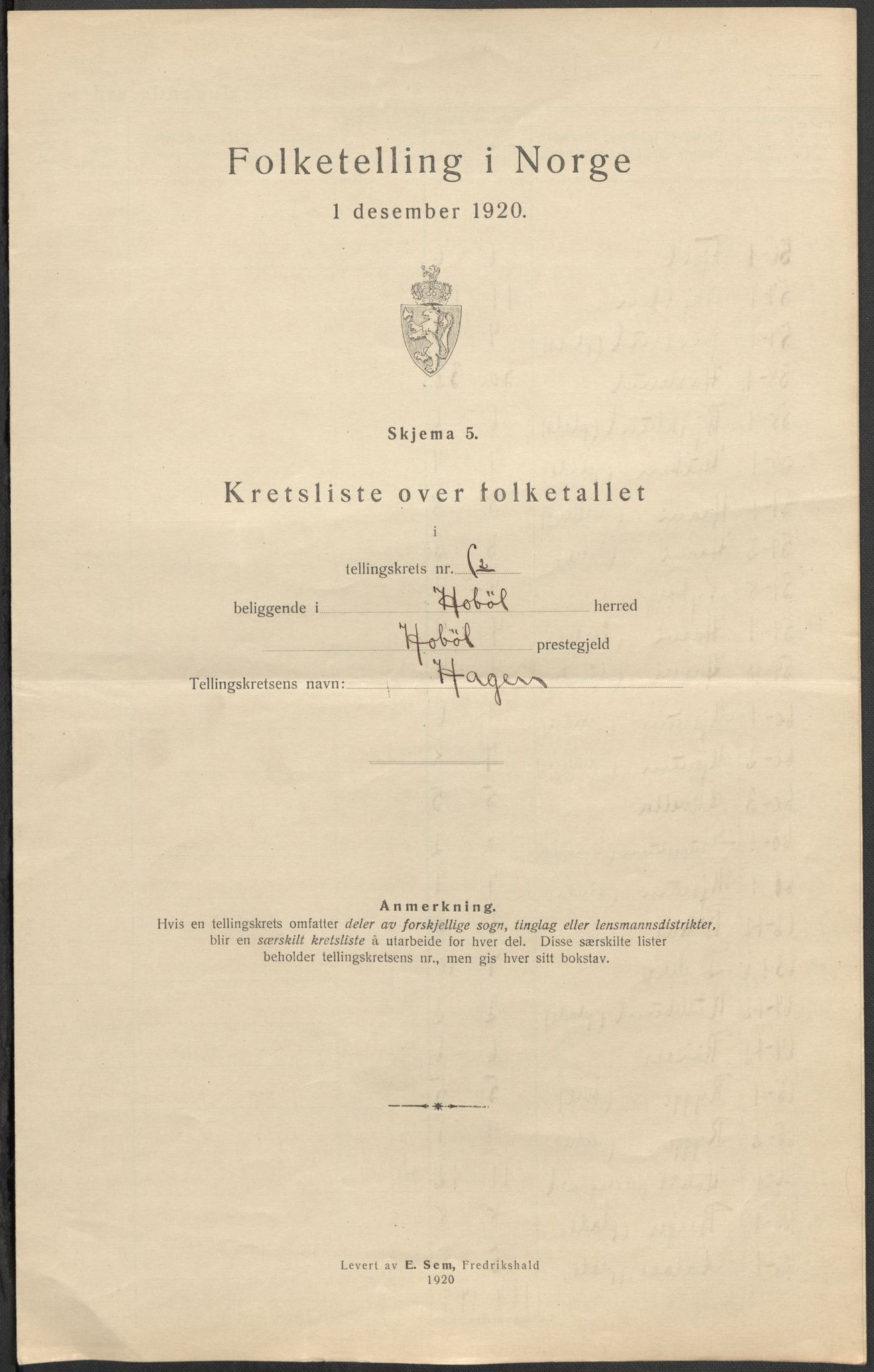 SAO, 1920 census for Hobøl, 1920, p. 20