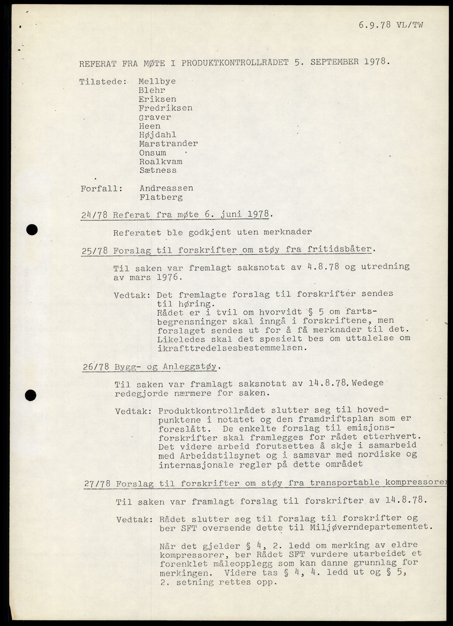 Statens forurensningstilsyn, hovedkontoret, RA/S-4136/1/A/Ab/L0003: Produktkontrollrådet - Innkalling og referater, 1978