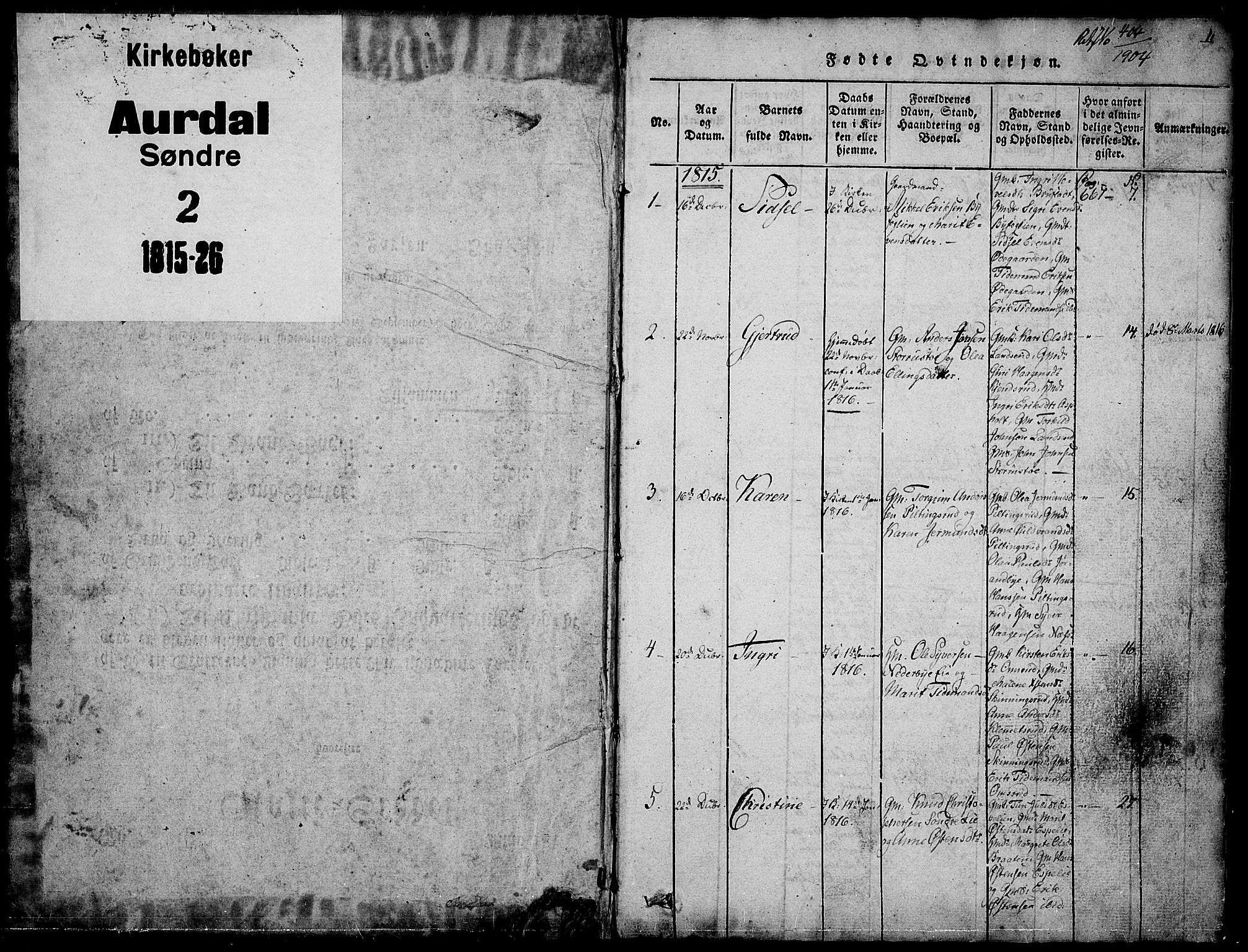 Sør-Aurdal prestekontor, SAH/PREST-128/H/Ha/Hab/L0001: Parish register (copy) no. 1, 1815-1826, p. 0-1