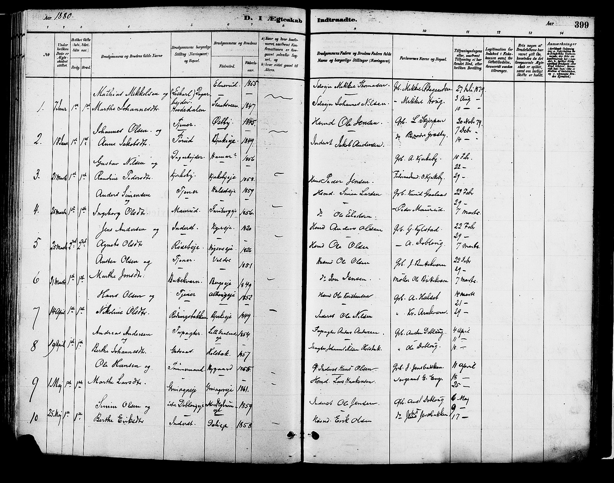 Vang prestekontor, Hedmark, SAH/PREST-008/H/Ha/Haa/L0018B: Parish register (official) no. 18B, 1880-1906, p. 399
