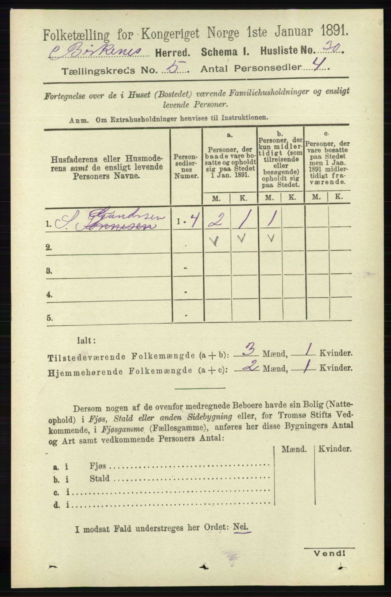 RA, 1891 Census for 0928 Birkenes, 1891, p. 1526