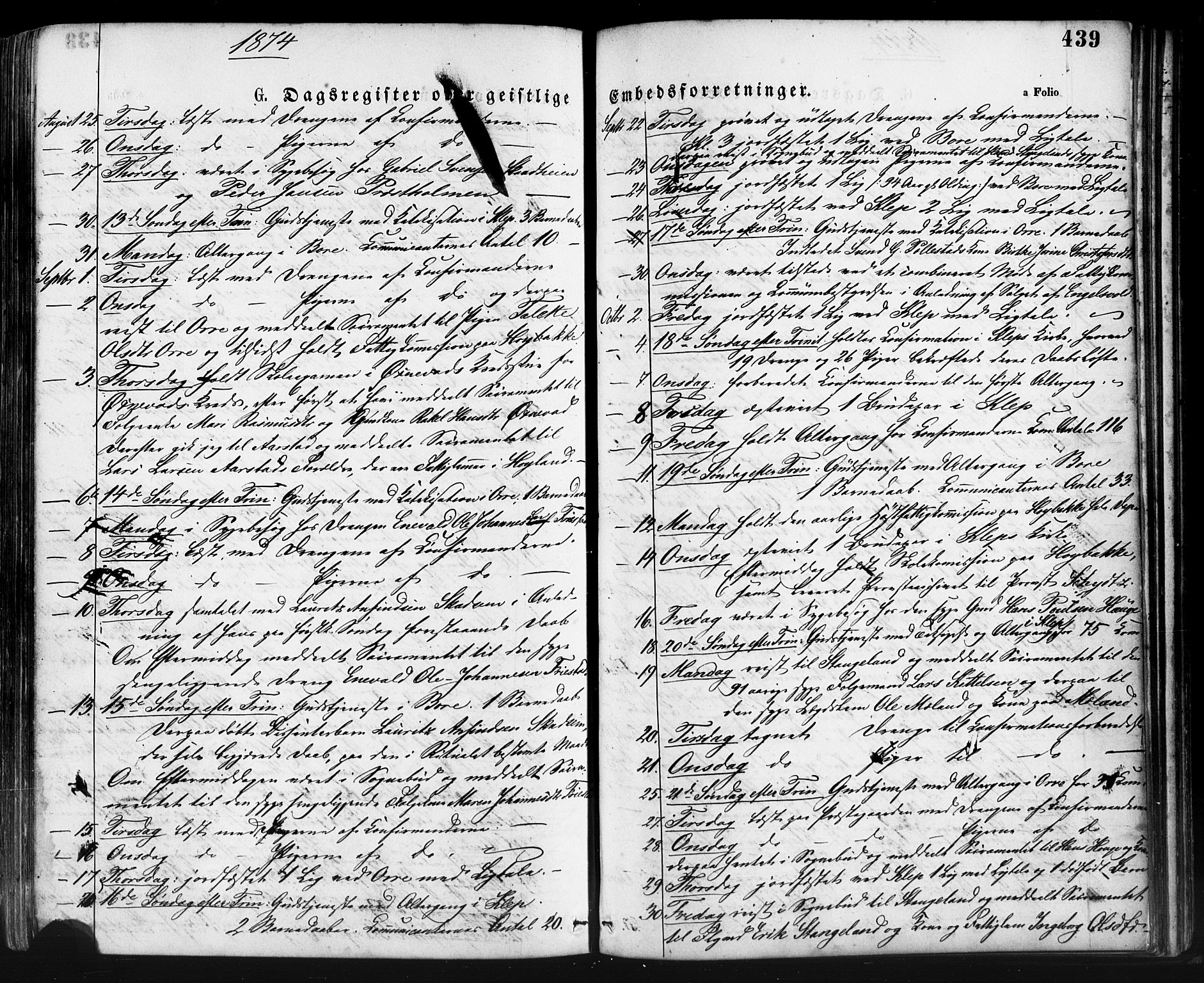 Klepp sokneprestkontor, AV/SAST-A-101803/001/3/30BA/L0006: Parish register (official) no. A 6, 1871-1885, p. 439