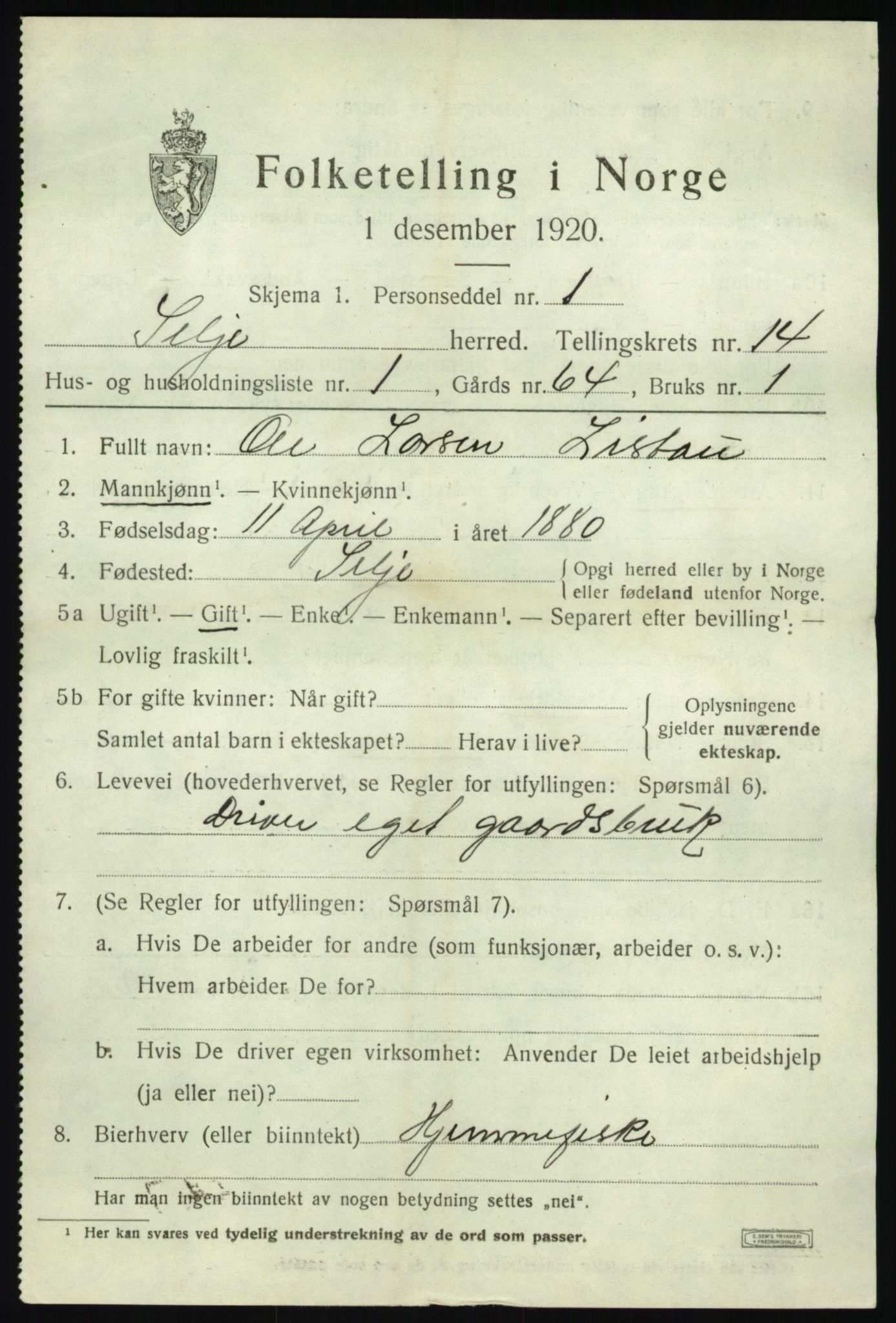 SAB, 1920 census for Selje, 1920, p. 6167