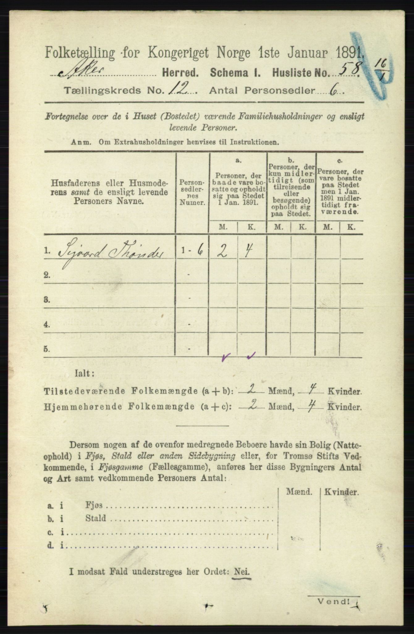 RA, 1891 census for 0218 Aker, 1891, p. 11392