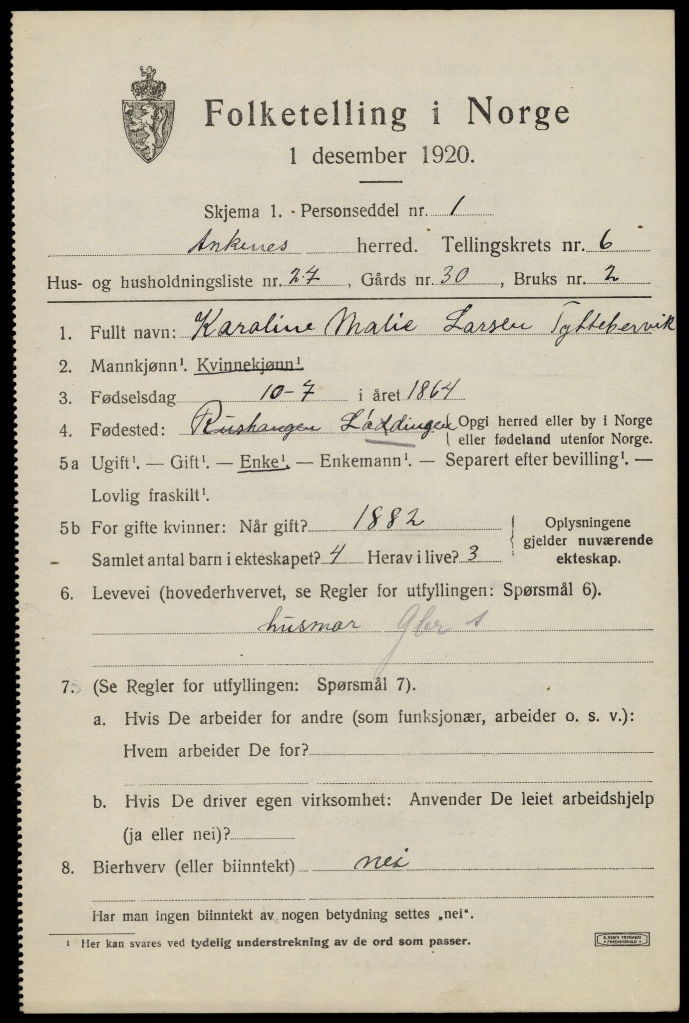 SAT, 1920 census for Ankenes, 1920, p. 3693