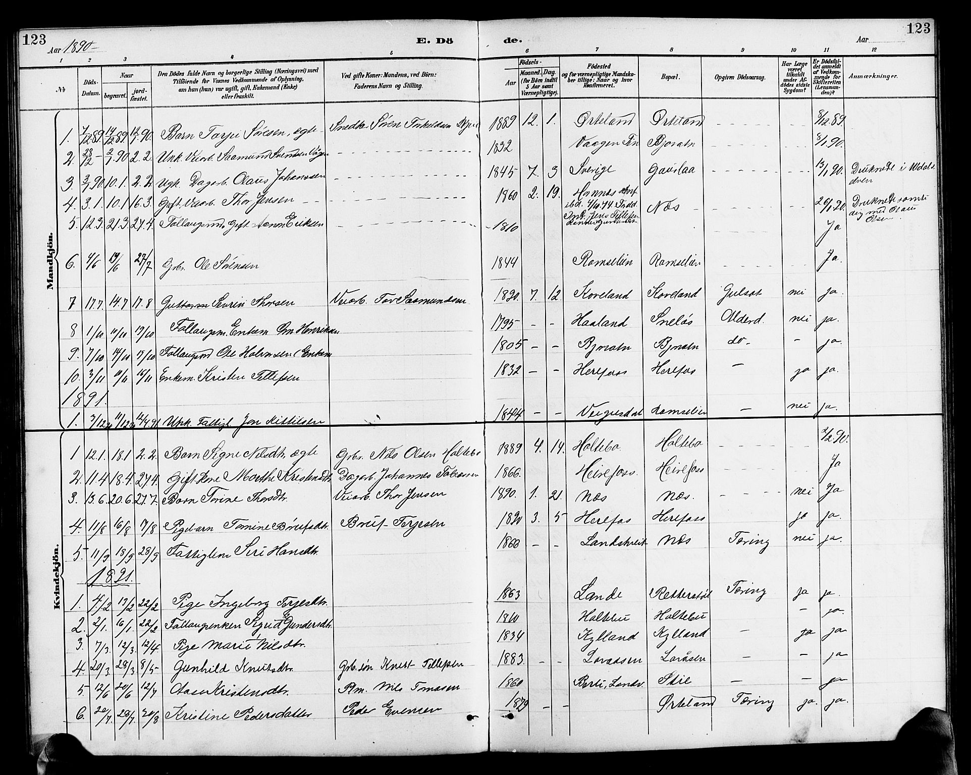 Herefoss sokneprestkontor, AV/SAK-1111-0019/F/Fb/Fba/L0003: Parish register (copy) no. B 3, 1887-1925, p. 123