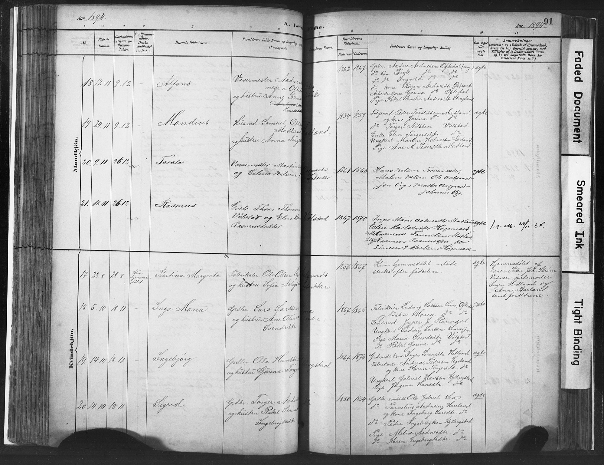 Lye sokneprestkontor, SAST/A-101794/001/30BA/L0010: Parish register (official) no. A 10, 1881-1896, p. 91