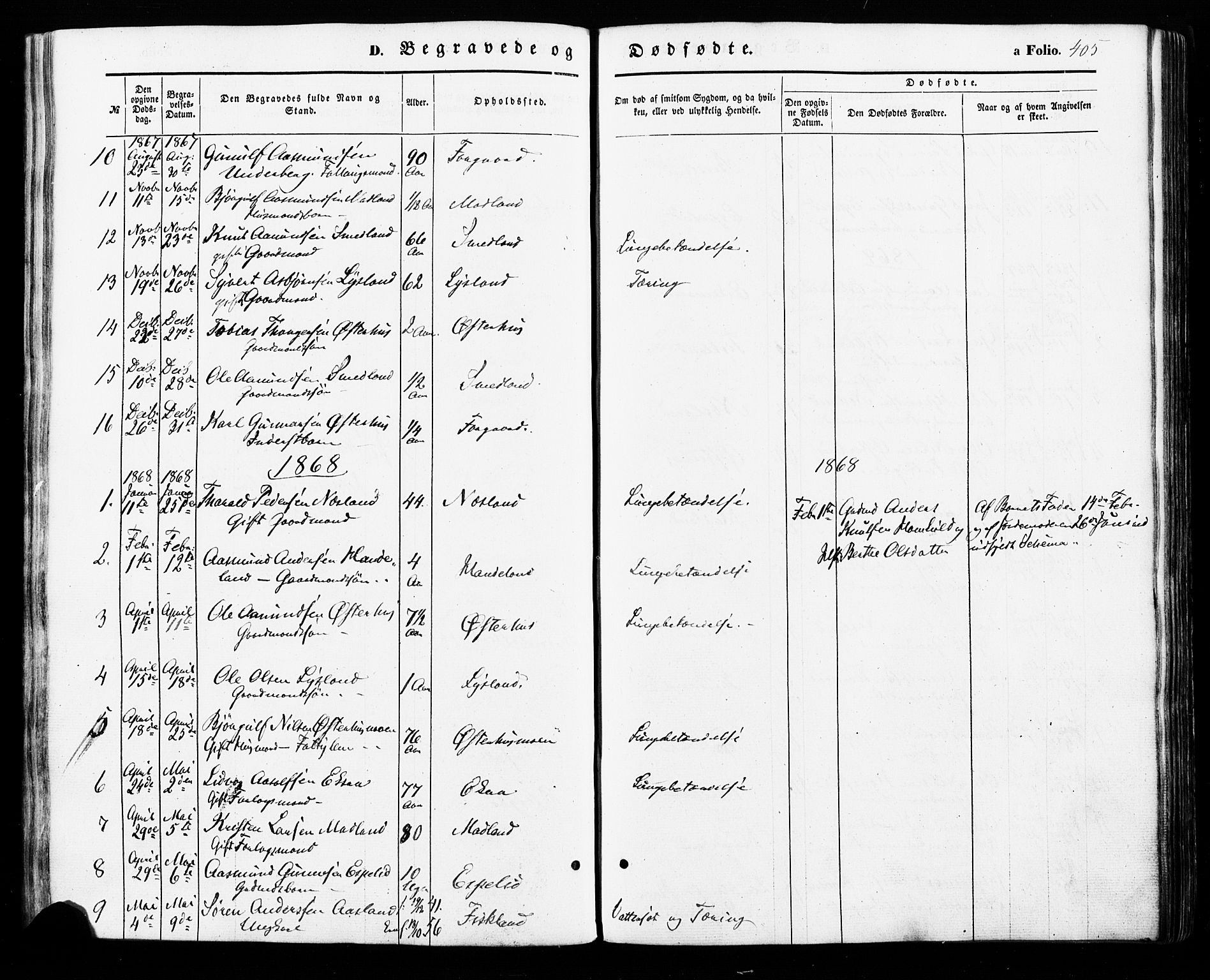 Åseral sokneprestkontor, SAK/1111-0051/F/Fa/L0002: Parish register (official) no. A 2, 1854-1884, p. 405