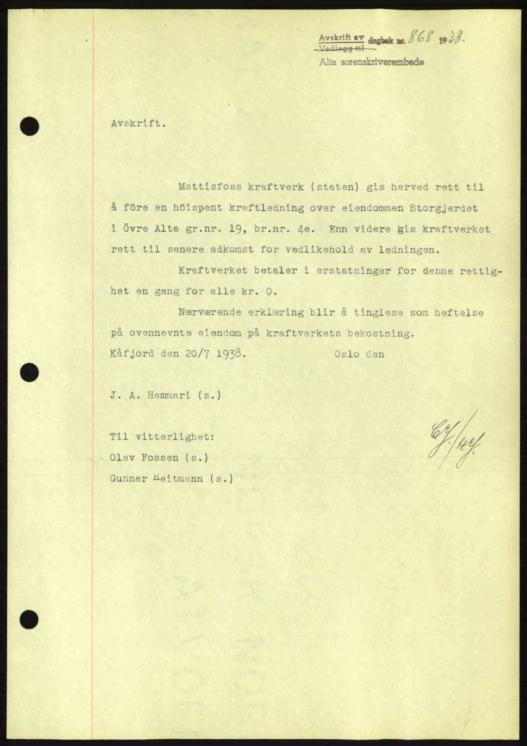 Alta fogderi/sorenskriveri, SATØ/SATØ-5/1/K/Kd/L0031pantebok: Mortgage book no. 31, 1938-1939, Diary no: : 868/1938