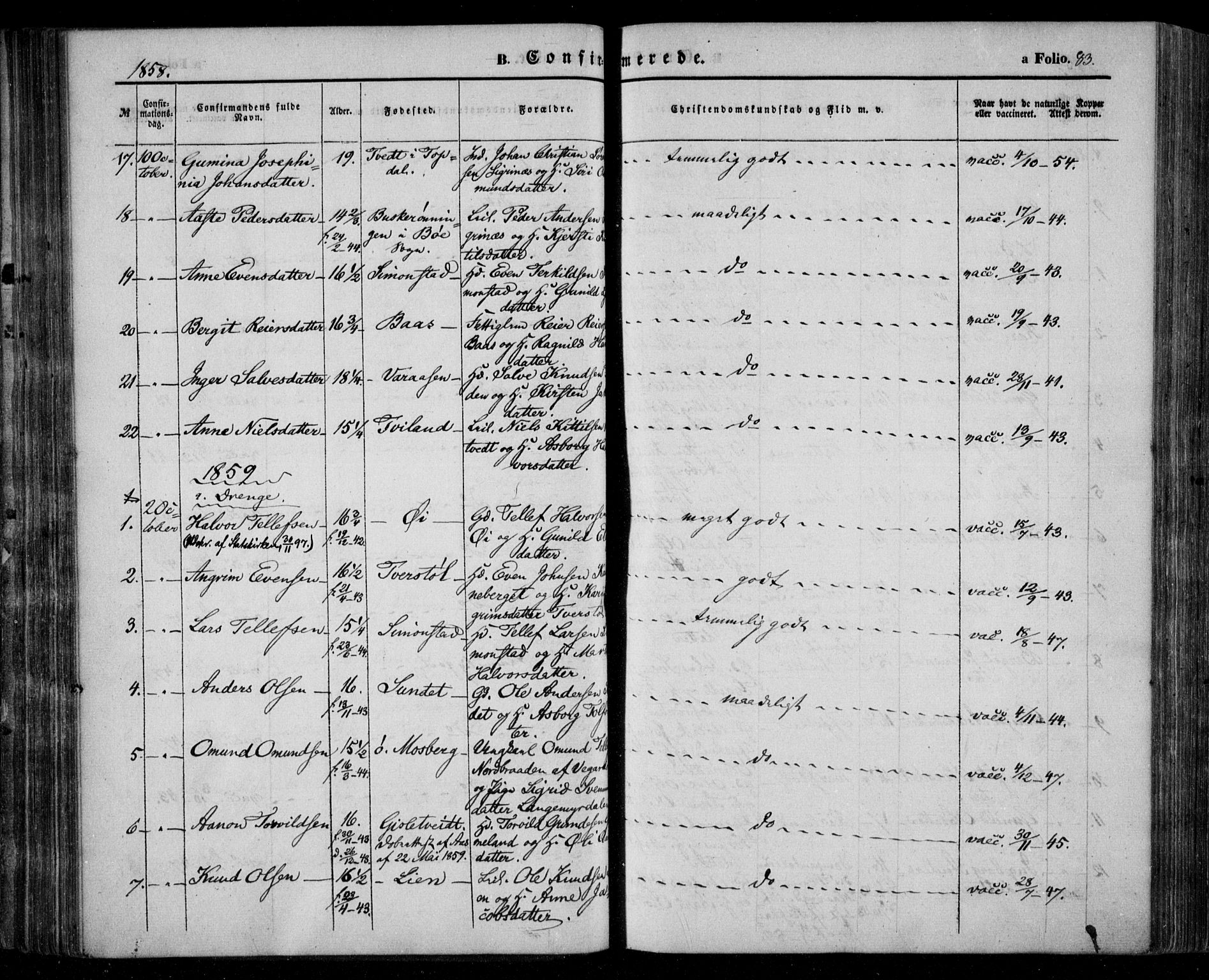 Åmli sokneprestkontor, SAK/1111-0050/F/Fa/Fac/L0008: Parish register (official) no. A 8, 1852-1869, p. 83