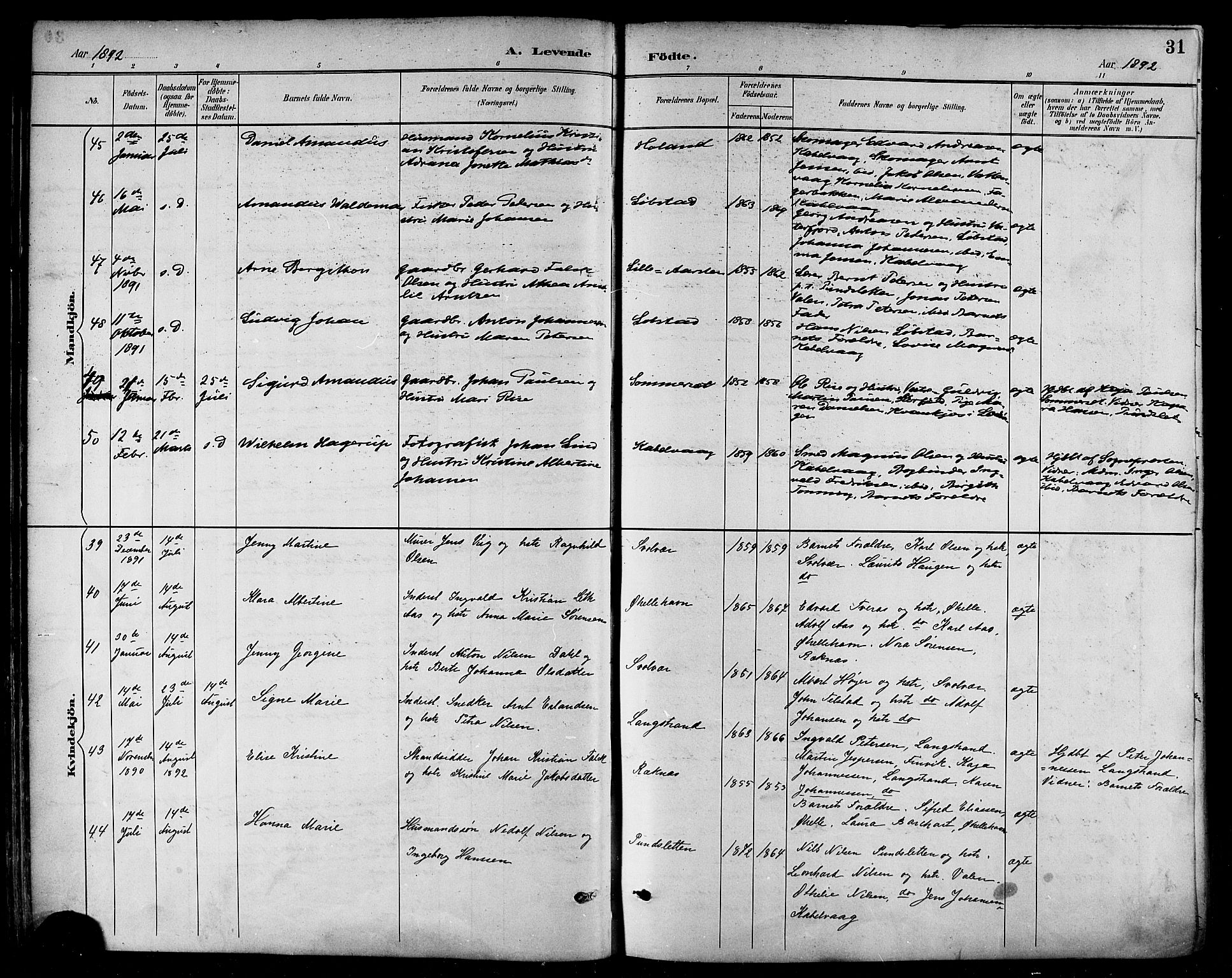 Ministerialprotokoller, klokkerbøker og fødselsregistre - Nordland, AV/SAT-A-1459/874/L1060: Parish register (official) no. 874A04, 1890-1899, p. 31