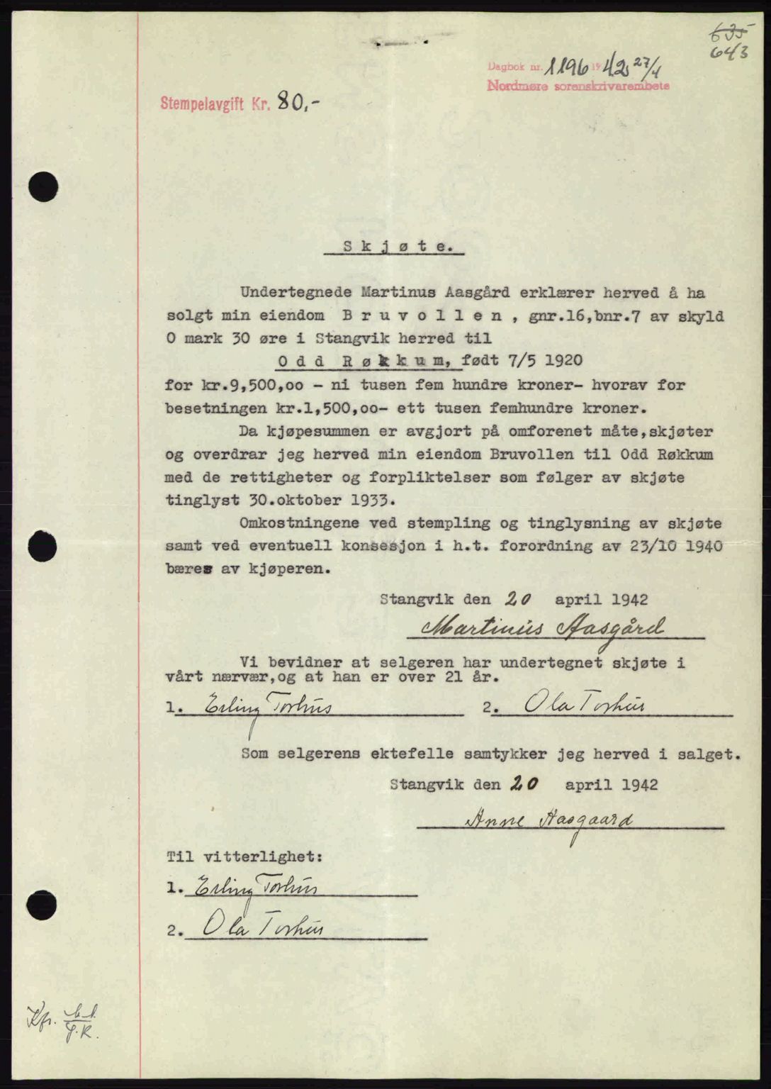 Nordmøre sorenskriveri, AV/SAT-A-4132/1/2/2Ca: Mortgage book no. A92, 1942-1942, Diary no: : 1196/1942