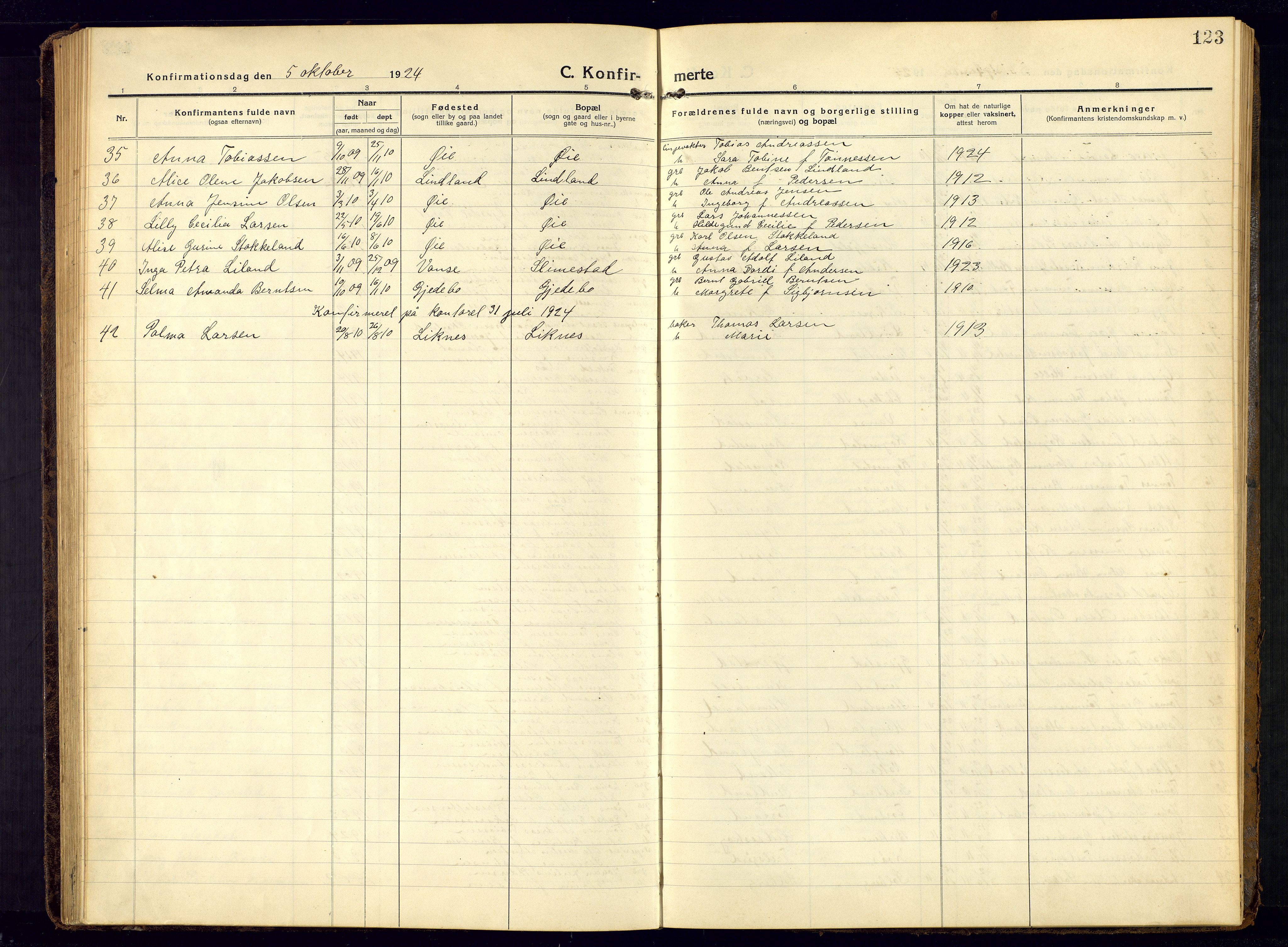 Kvinesdal sokneprestkontor, SAK/1111-0026/F/Fb/Fbb/L0004: Parish register (copy) no. B 4, 1917-1938, p. 123