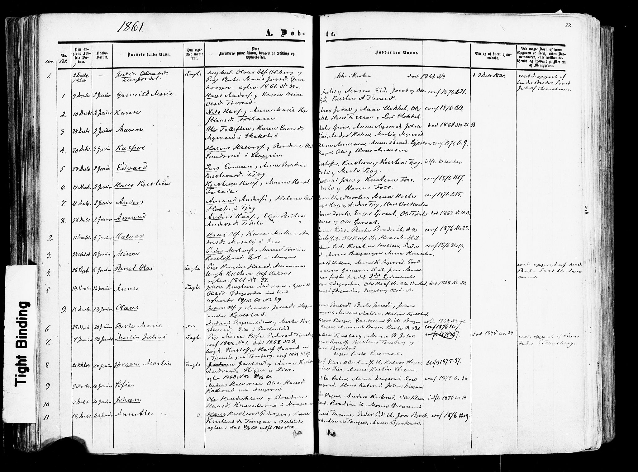 Aurskog prestekontor Kirkebøker, SAO/A-10304a/F/Fa/L0007: Parish register (official) no. I 7, 1854-1877, p. 70