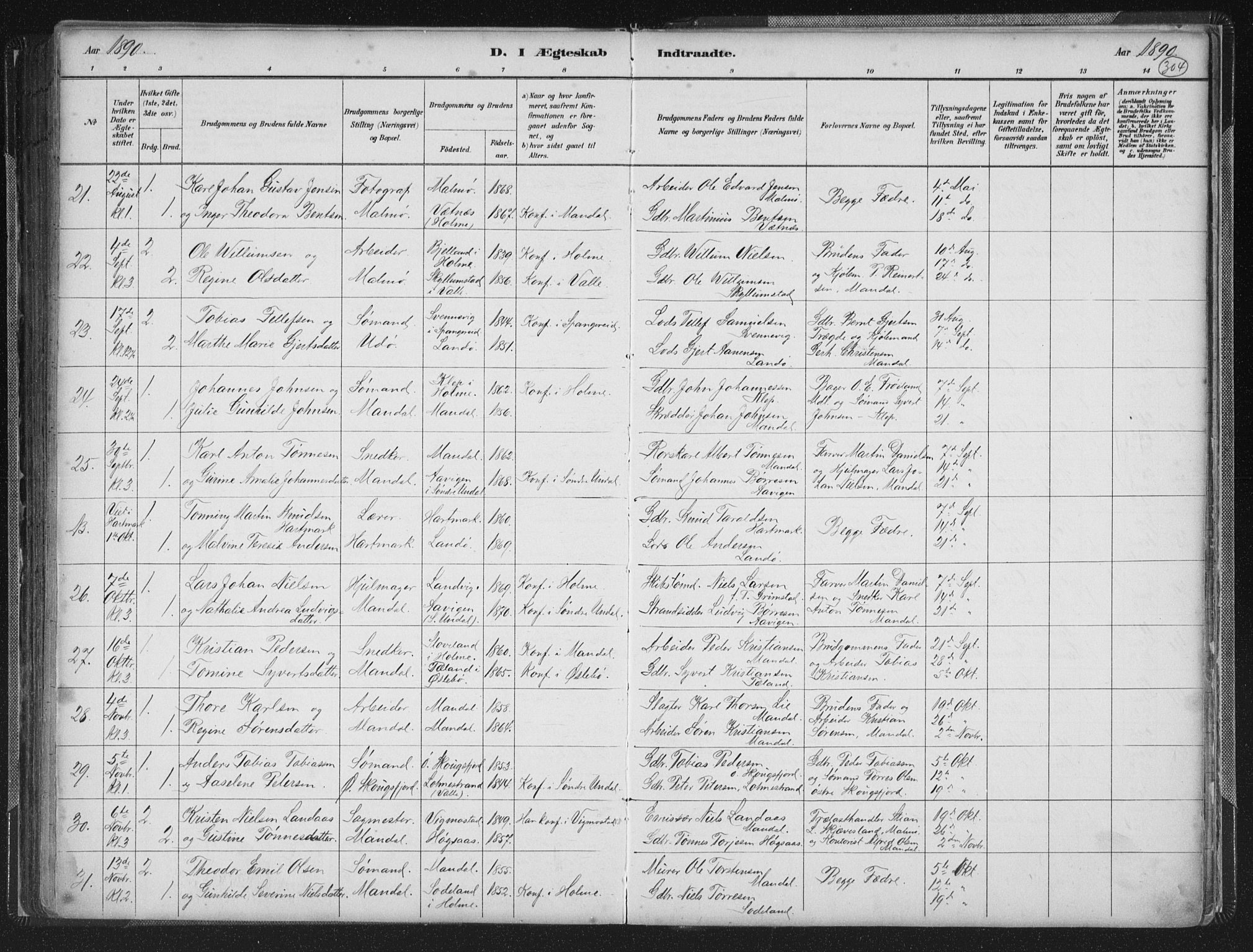 Mandal sokneprestkontor, AV/SAK-1111-0030/F/Fb/Fba/L0011: Parish register (copy) no. B 5, 1880-1898, p. 304