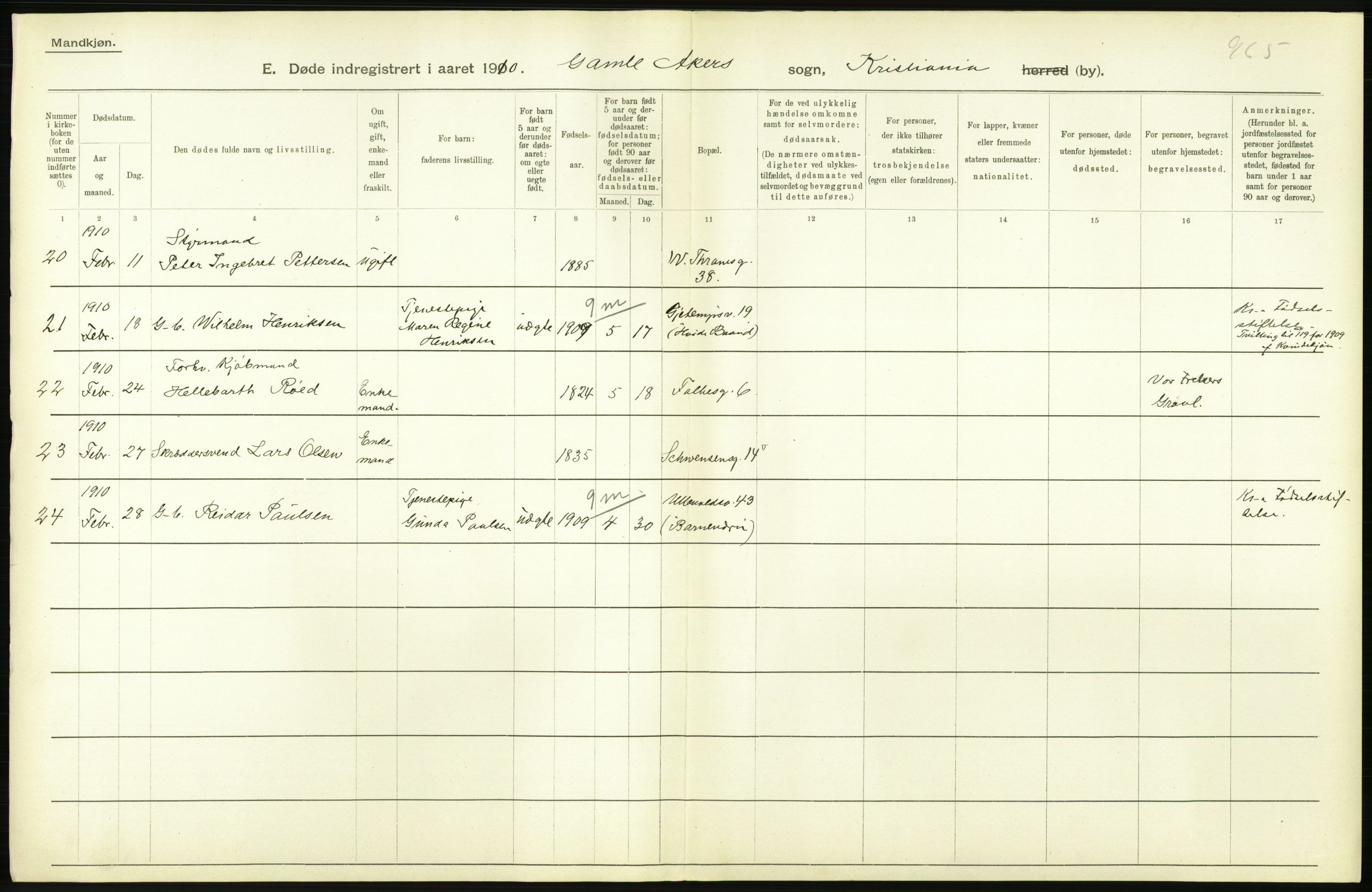 Statistisk sentralbyrå, Sosiodemografiske emner, Befolkning, RA/S-2228/D/Df/Dfa/Dfah/L0008: Kristiania: Døde, 1910, p. 916