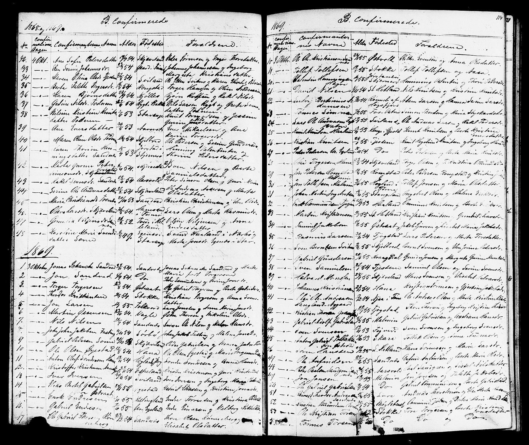 Høyland sokneprestkontor, SAST/A-101799/001/30BB/L0001: Parish register (copy) no. B 1, 1854-1873, p. 114
