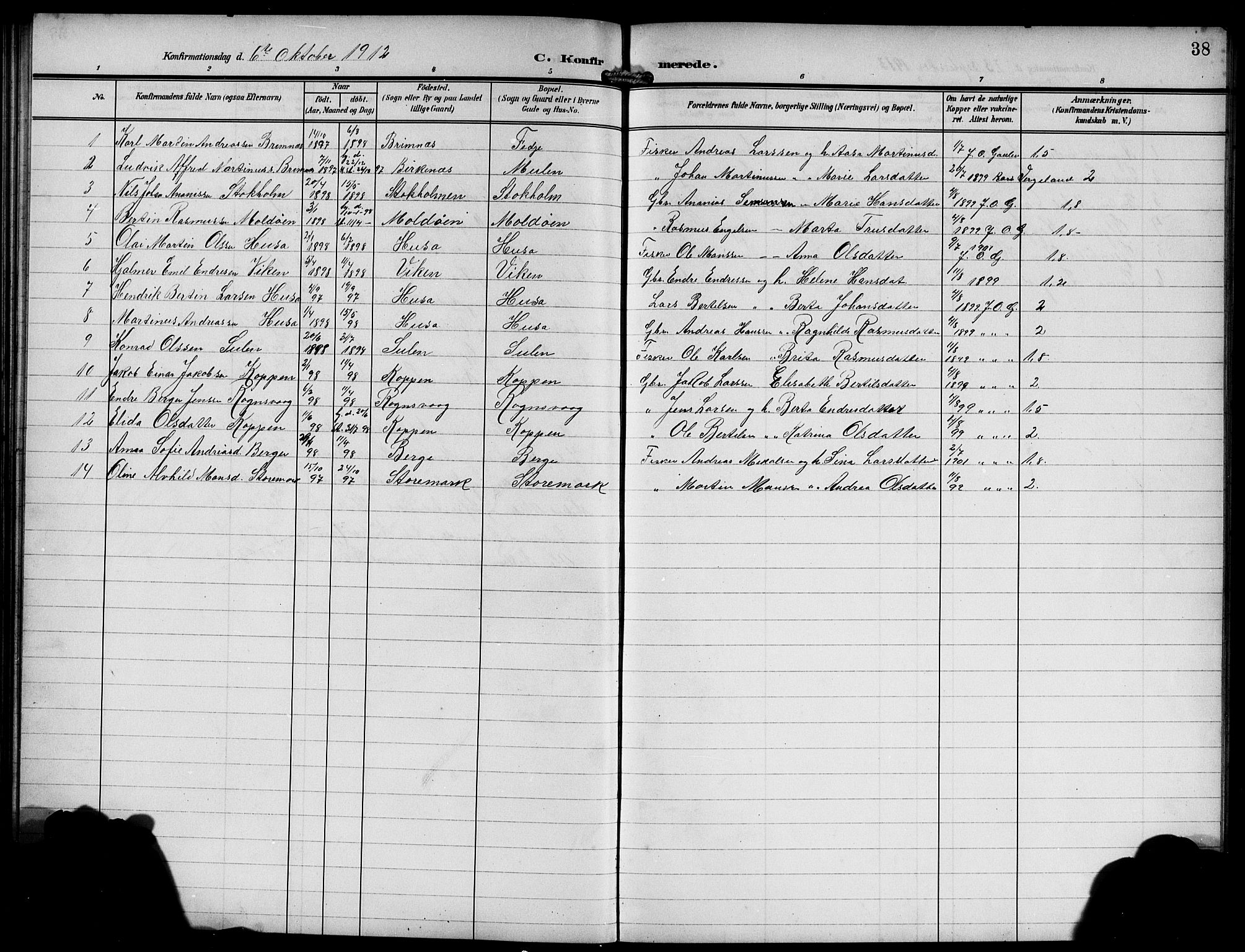 Lindås Sokneprestembete, AV/SAB-A-76701/H/Hab/Habd/L0003: Parish register (copy) no. D 3, 1906-1917, p. 38