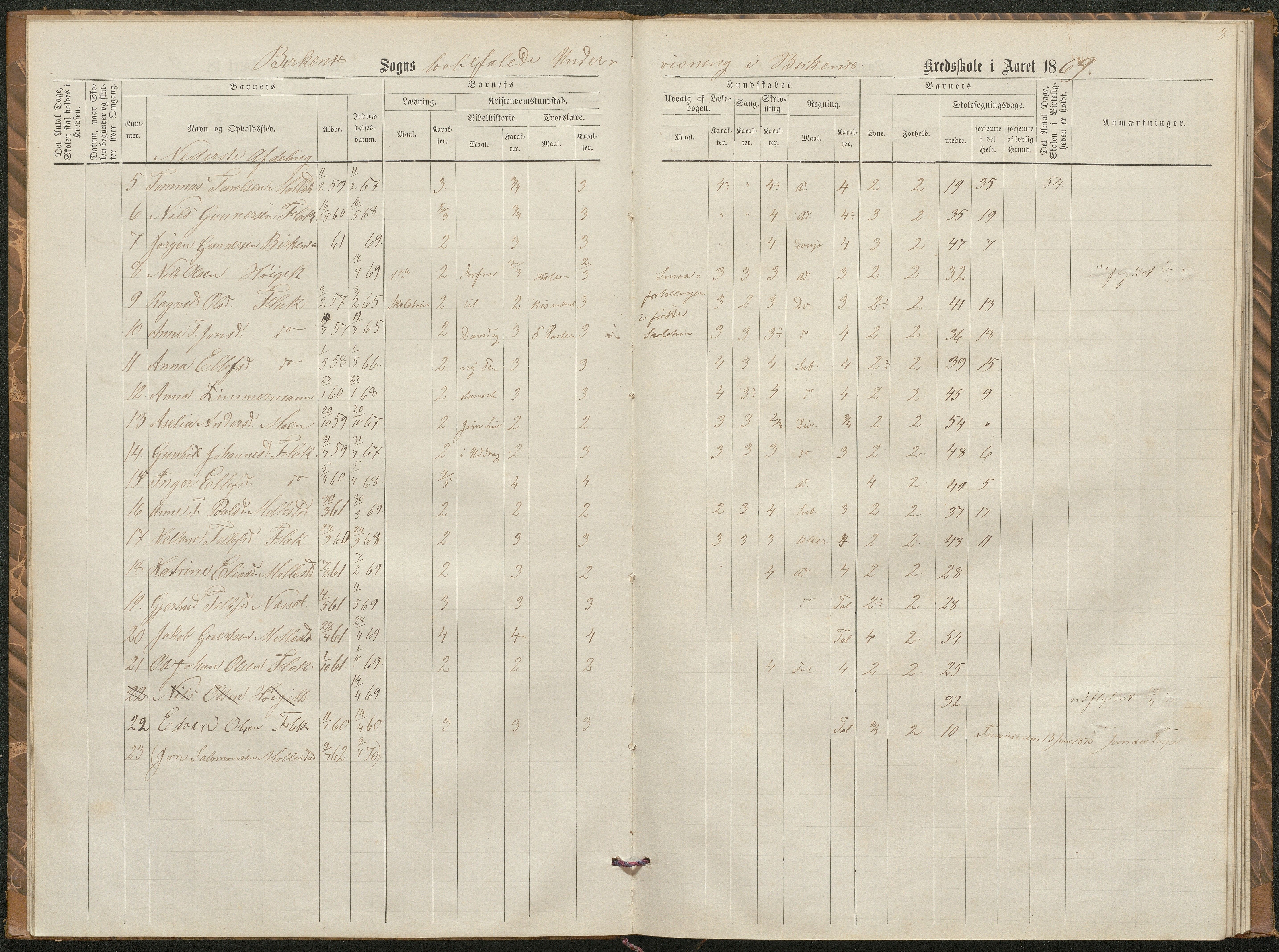 Birkenes kommune, Birkenes krets/Birkeland folkeskole frem til 1991, AAKS/KA0928-550a_91/F02/L0002: Skoleprotokoll, 1866-1878, p. 8