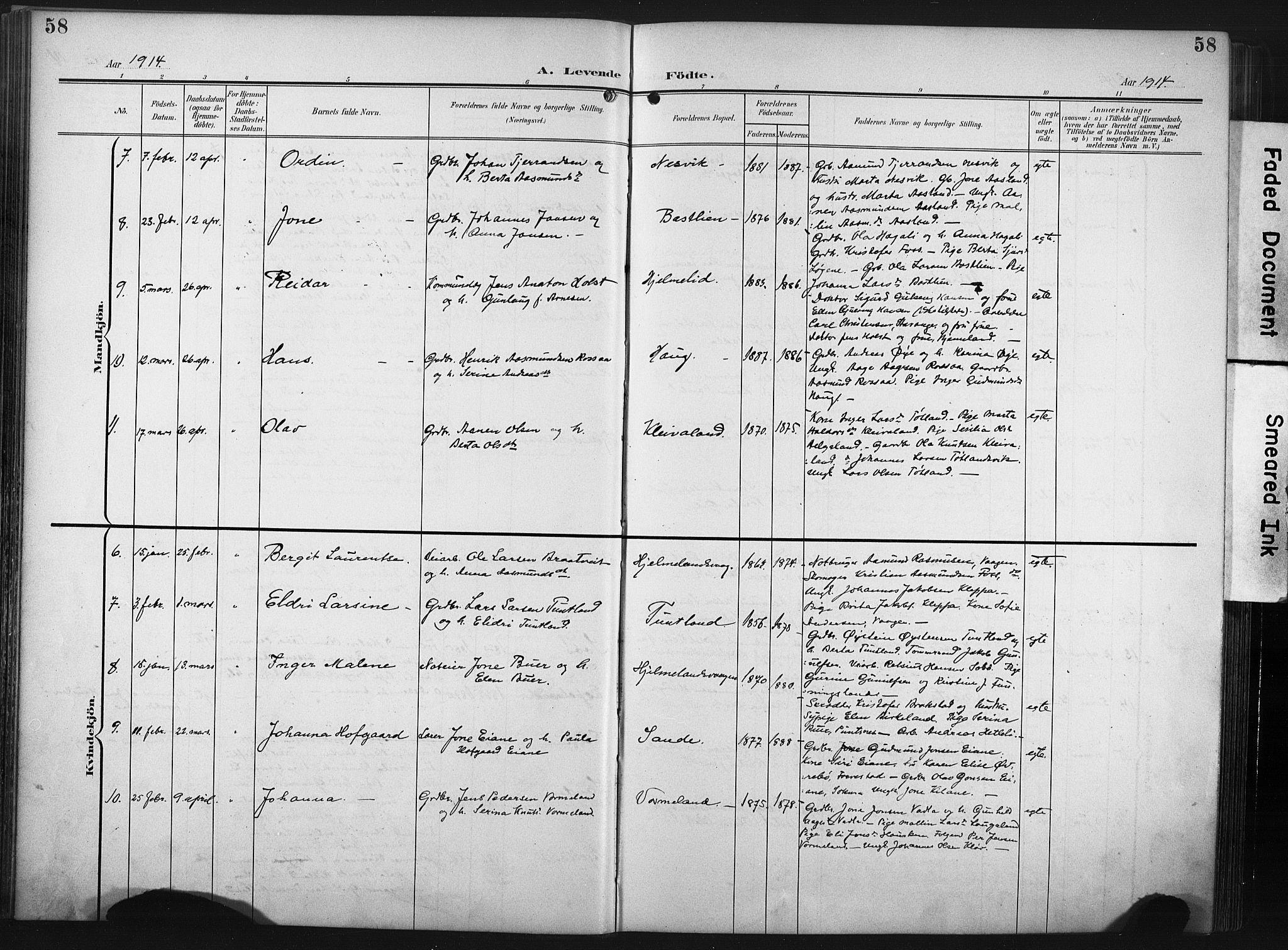 Hjelmeland sokneprestkontor, AV/SAST-A-101843/02/A/L0002: Parish register (official) no. A 17, 1901-1916, p. 58