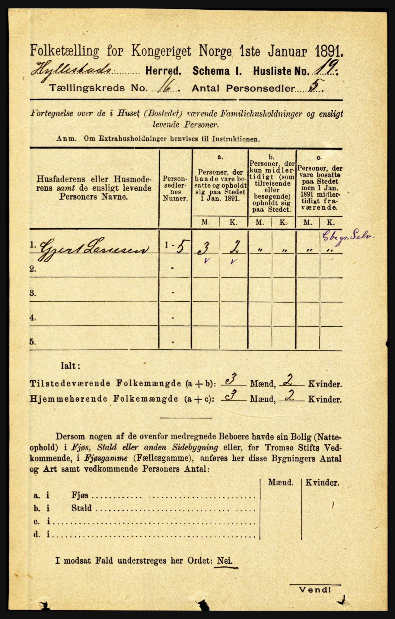 RA, 1891 census for 1413 Hyllestad, 1891, p. 2843