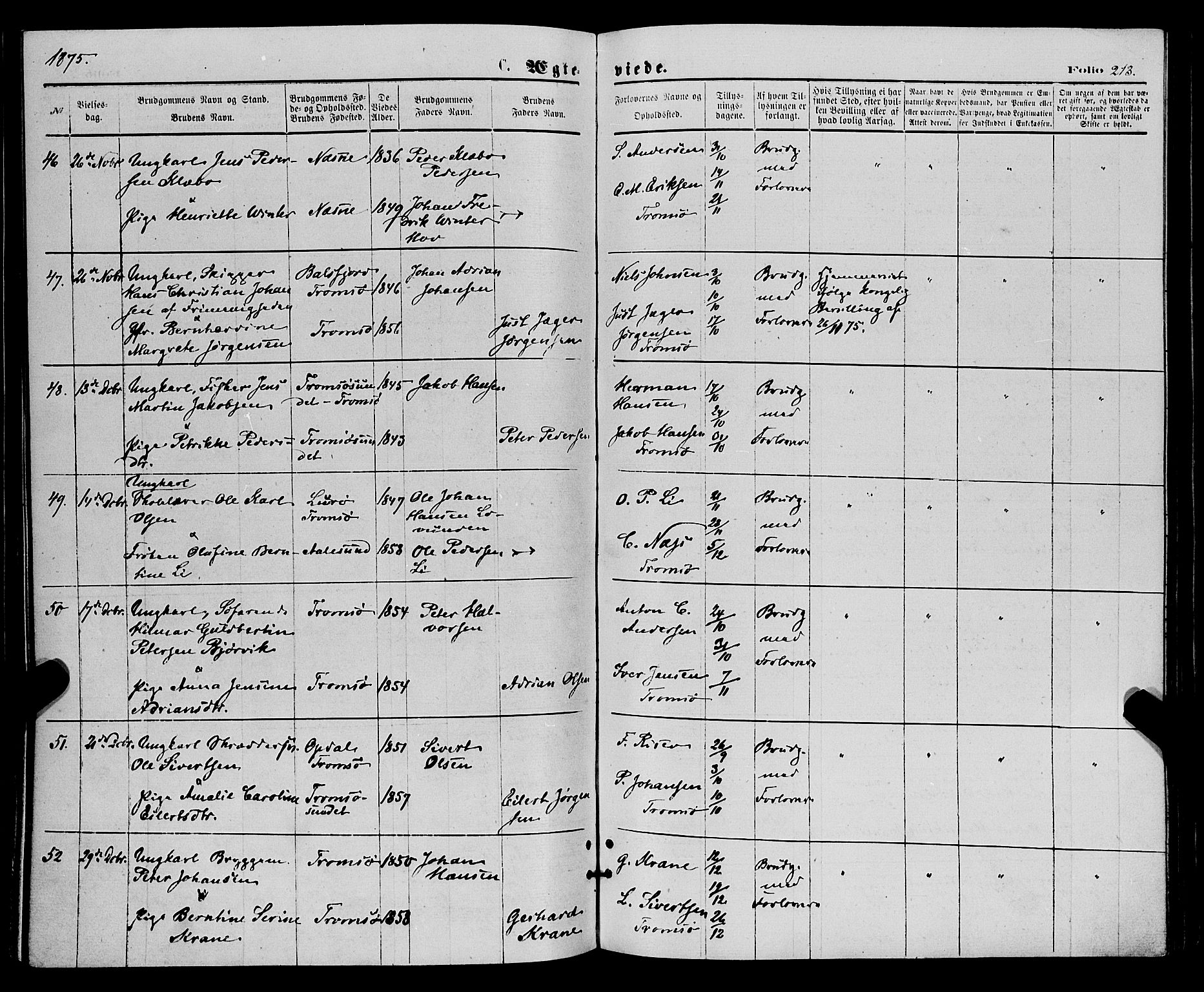 Tromsø sokneprestkontor/stiftsprosti/domprosti, AV/SATØ-S-1343/G/Ga/L0013kirke: Parish register (official) no. 13, 1872-1877, p. 213