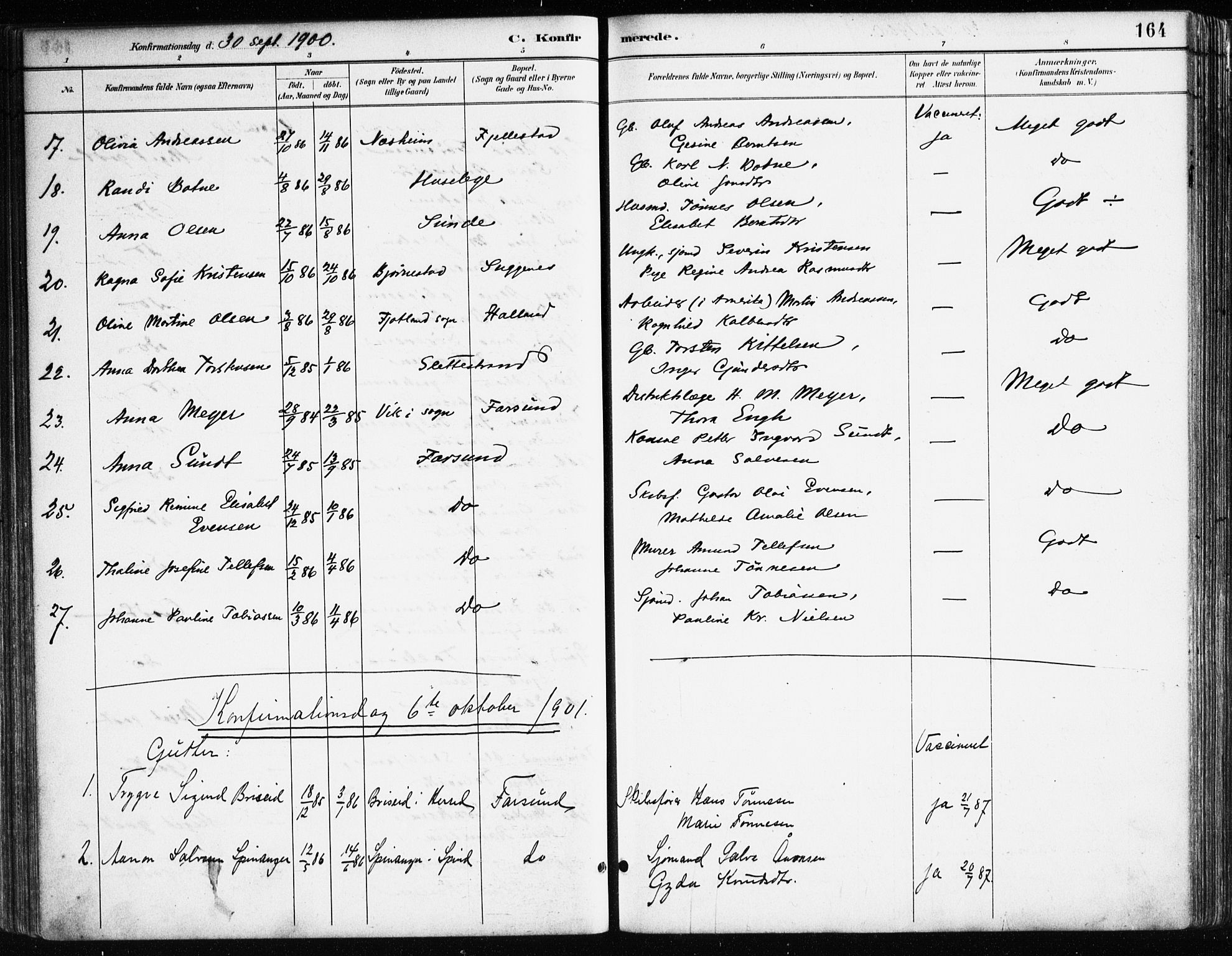 Farsund sokneprestkontor, AV/SAK-1111-0009/F/Fa/L0006: Parish register (official) no. A 6, 1887-1920, p. 164