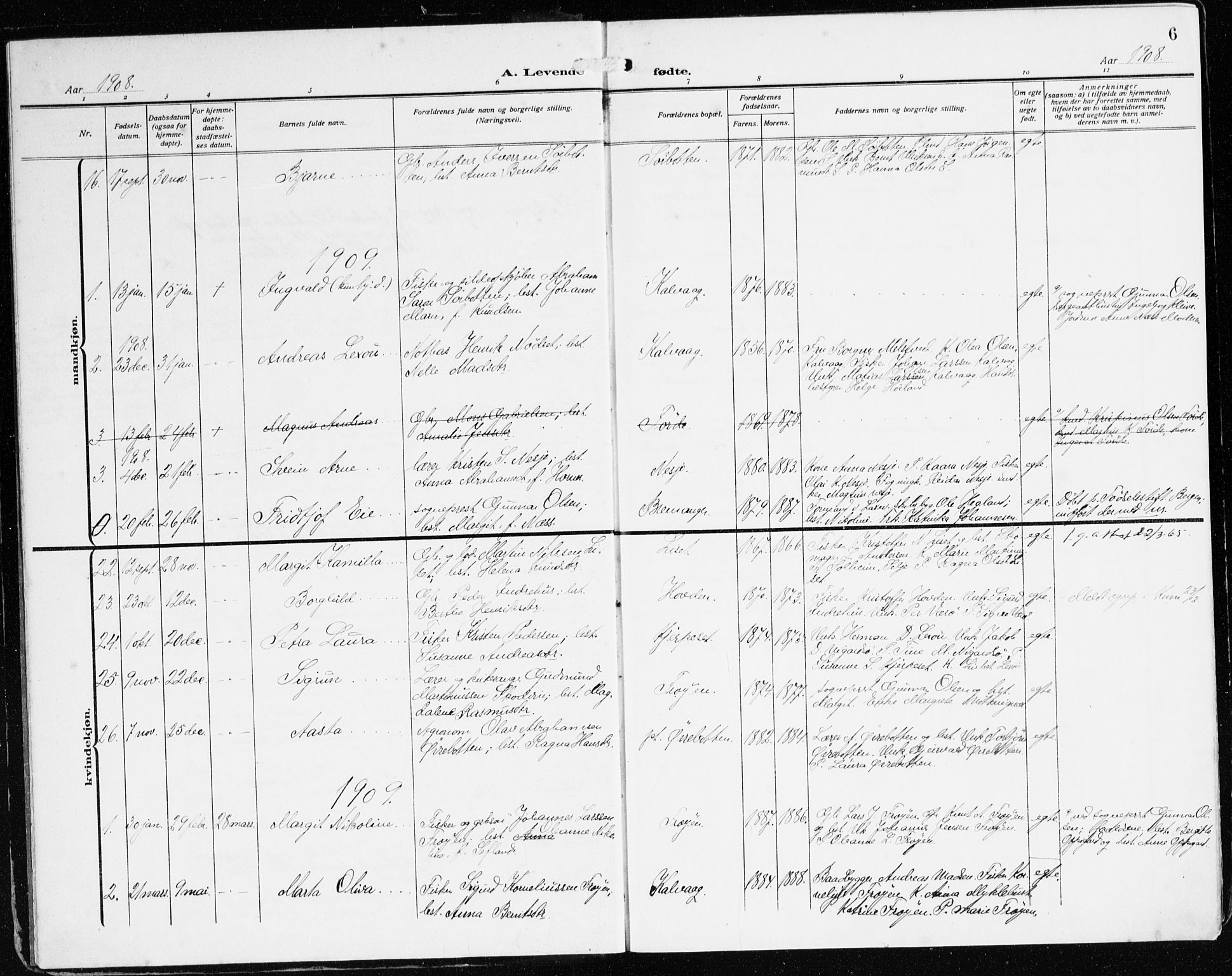Bremanger sokneprestembete, SAB/A-82201/H/Haa/Haab/L0003: Parish register (official) no. B 3, 1908-1925, p. 6