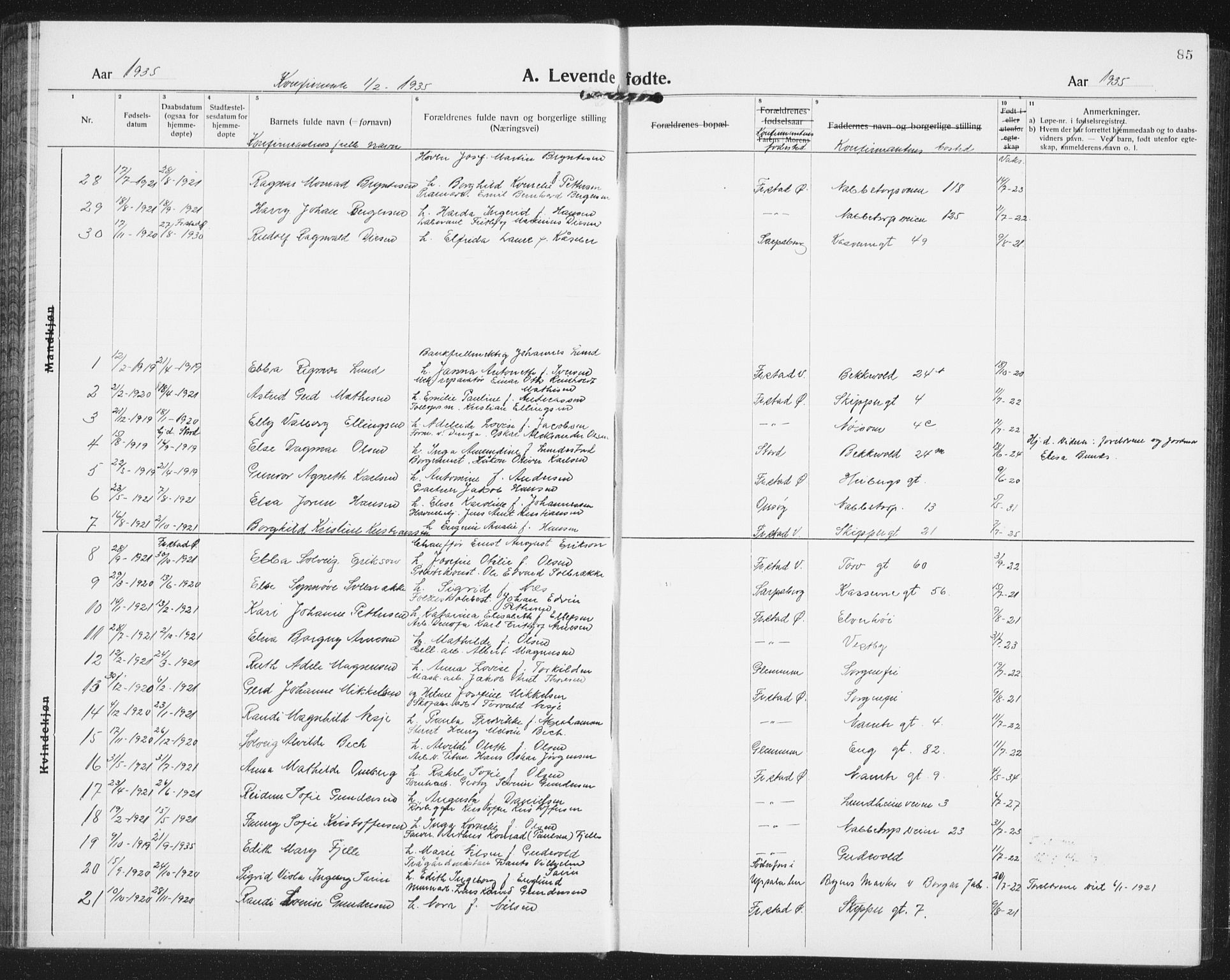 Østre Fredrikstad prestekontor Kirkebøker, SAO/A-10907/G/Ga/L0003: Parish register (copy) no. 3, 1920-1940, p. 85