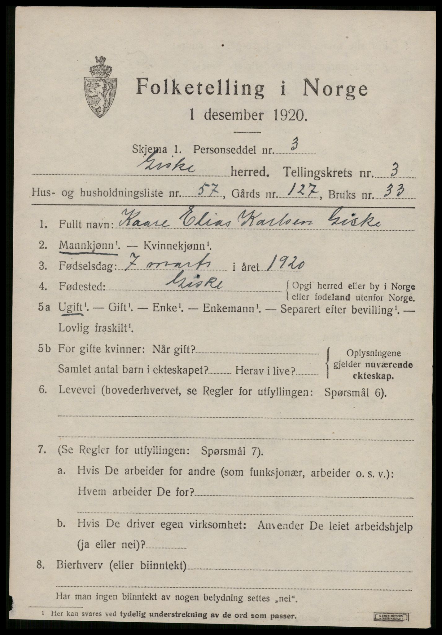 SAT, 1920 census for Giske, 1920, p. 2616