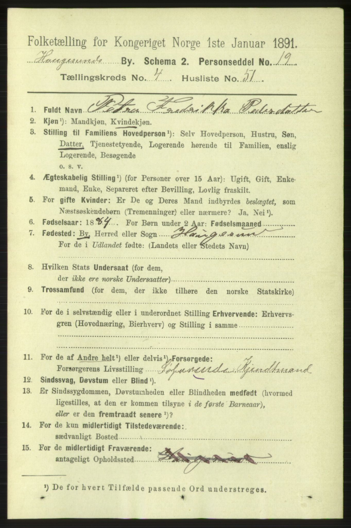 RA, 1891 census for 1106 Haugesund, 1891, p. 1917